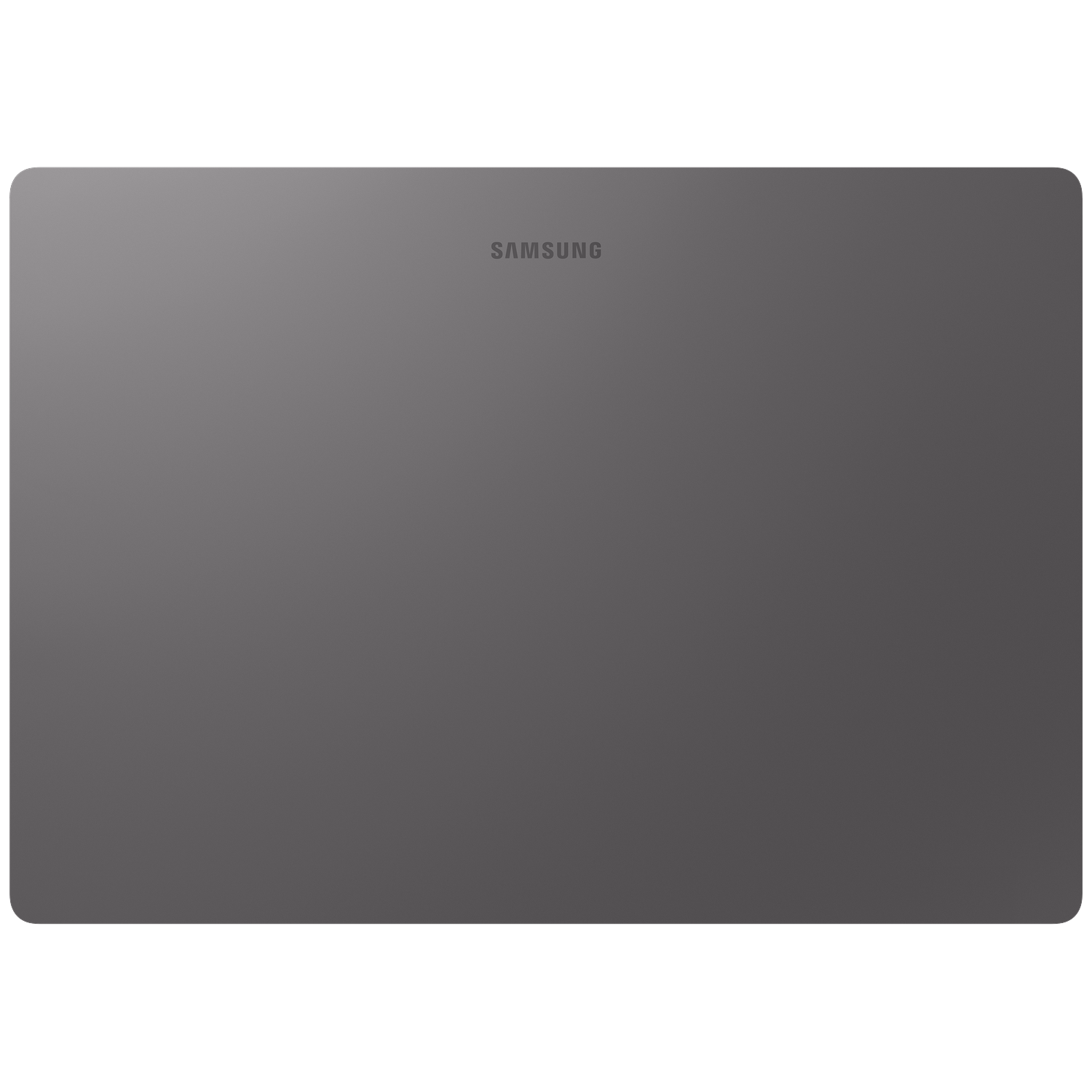 Gray Samsung tablet from the back, with a subtle logo at the top center.
