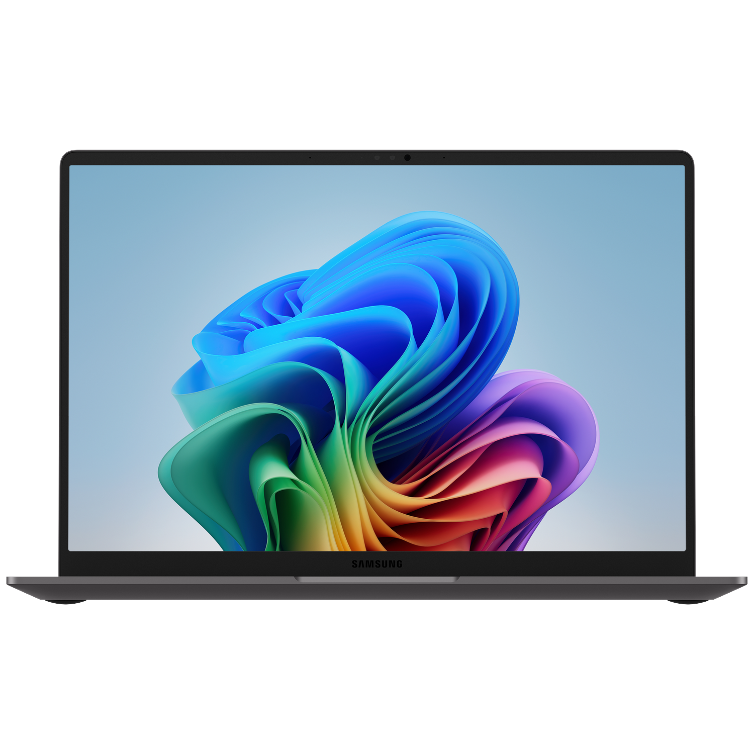 An open Samsung laptop displaying a colorful abstract wallpaper on its screen.