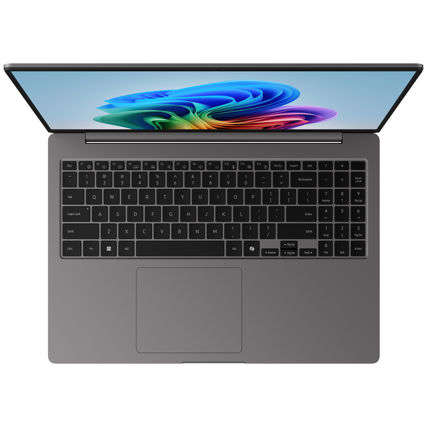 A gray laptop viewed from above, open with a colorful wallpaper on its screen.