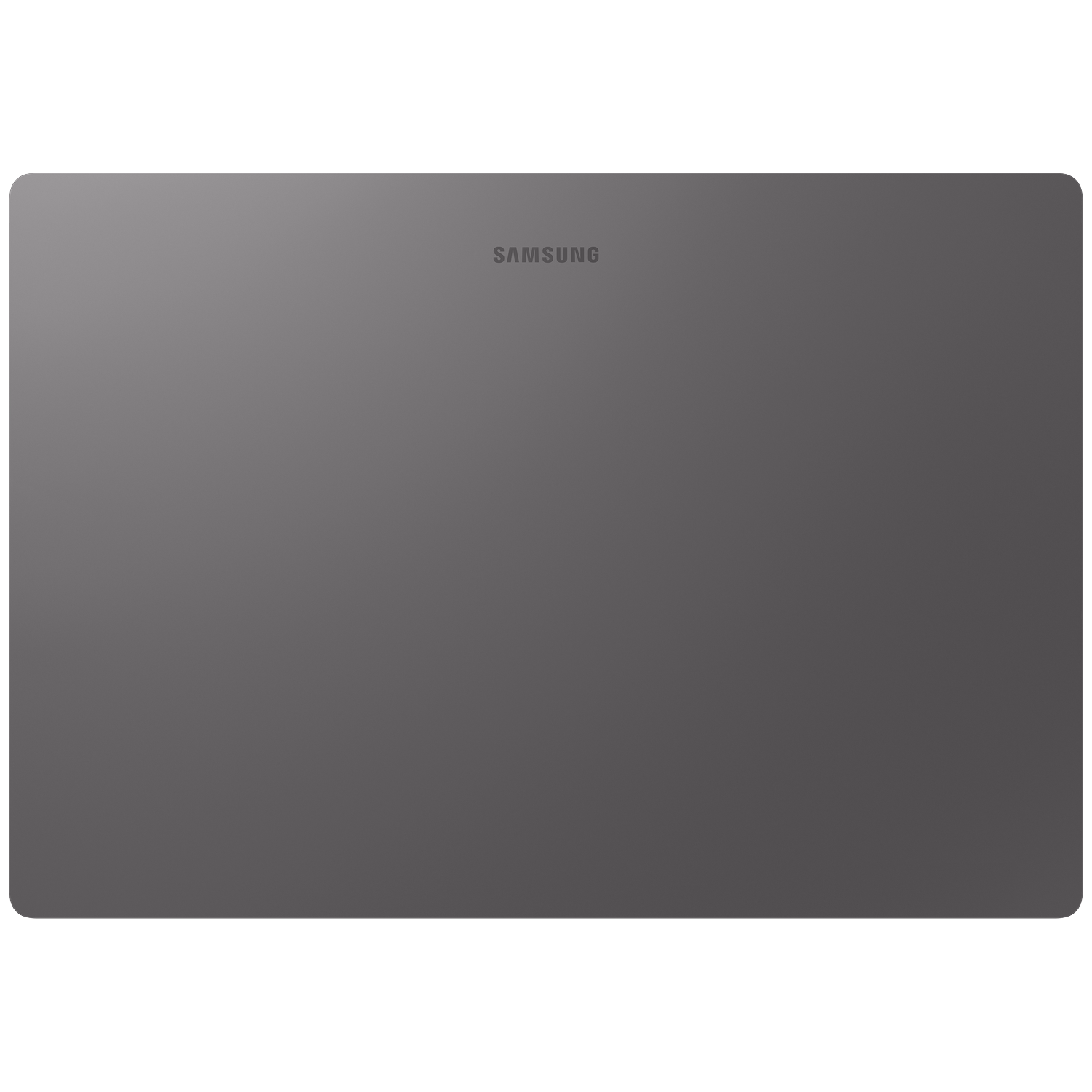 Back of a gray Samsung tablet, logo faintly visible.
