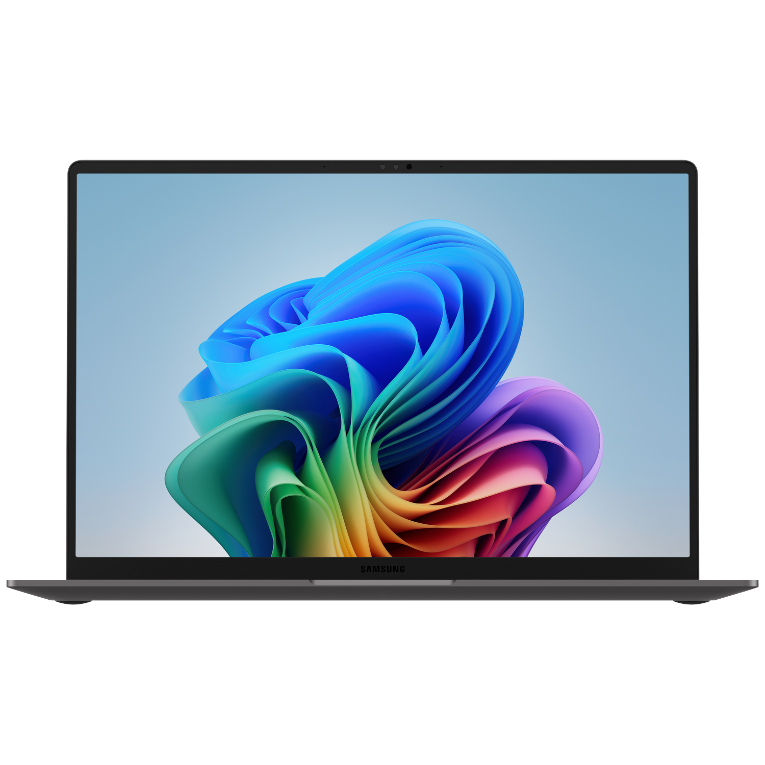 A gray Samsung laptop displays a colorful, abstract desktop background.