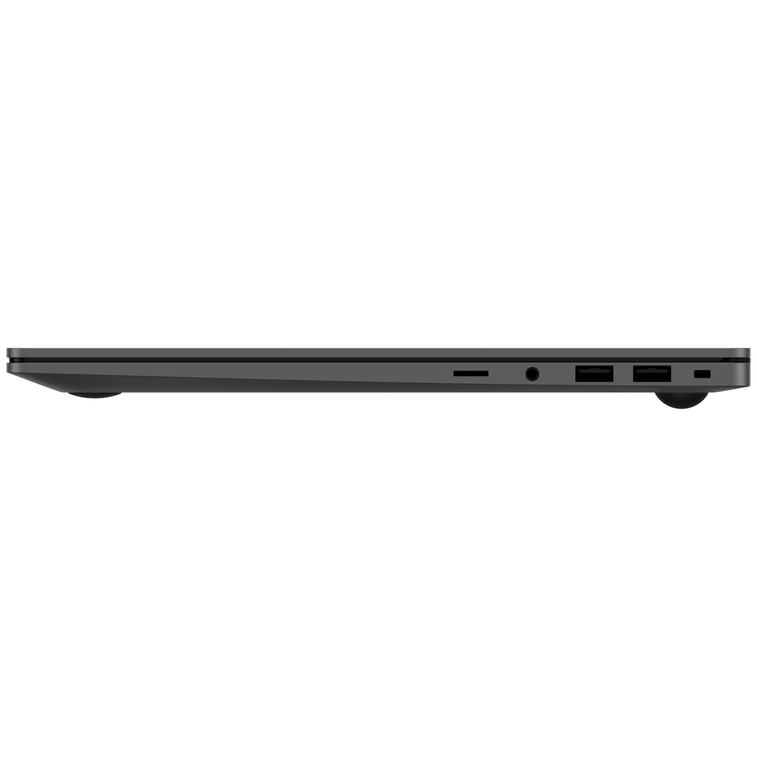 Side view of a dark laptop showing ports: USB, headphone jack, SD card reader.