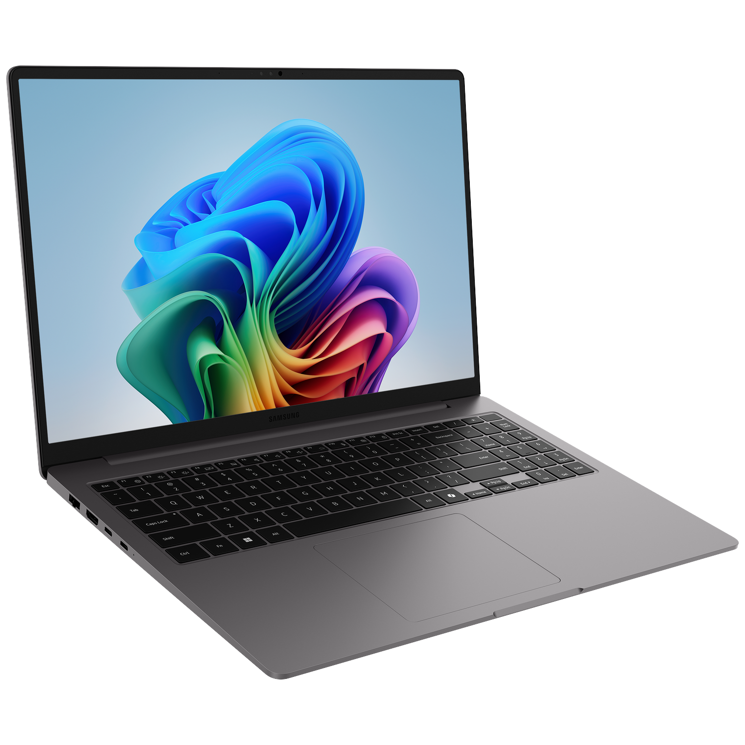 A gray Samsung laptop with a colorful abstract wallpaper on its screen.