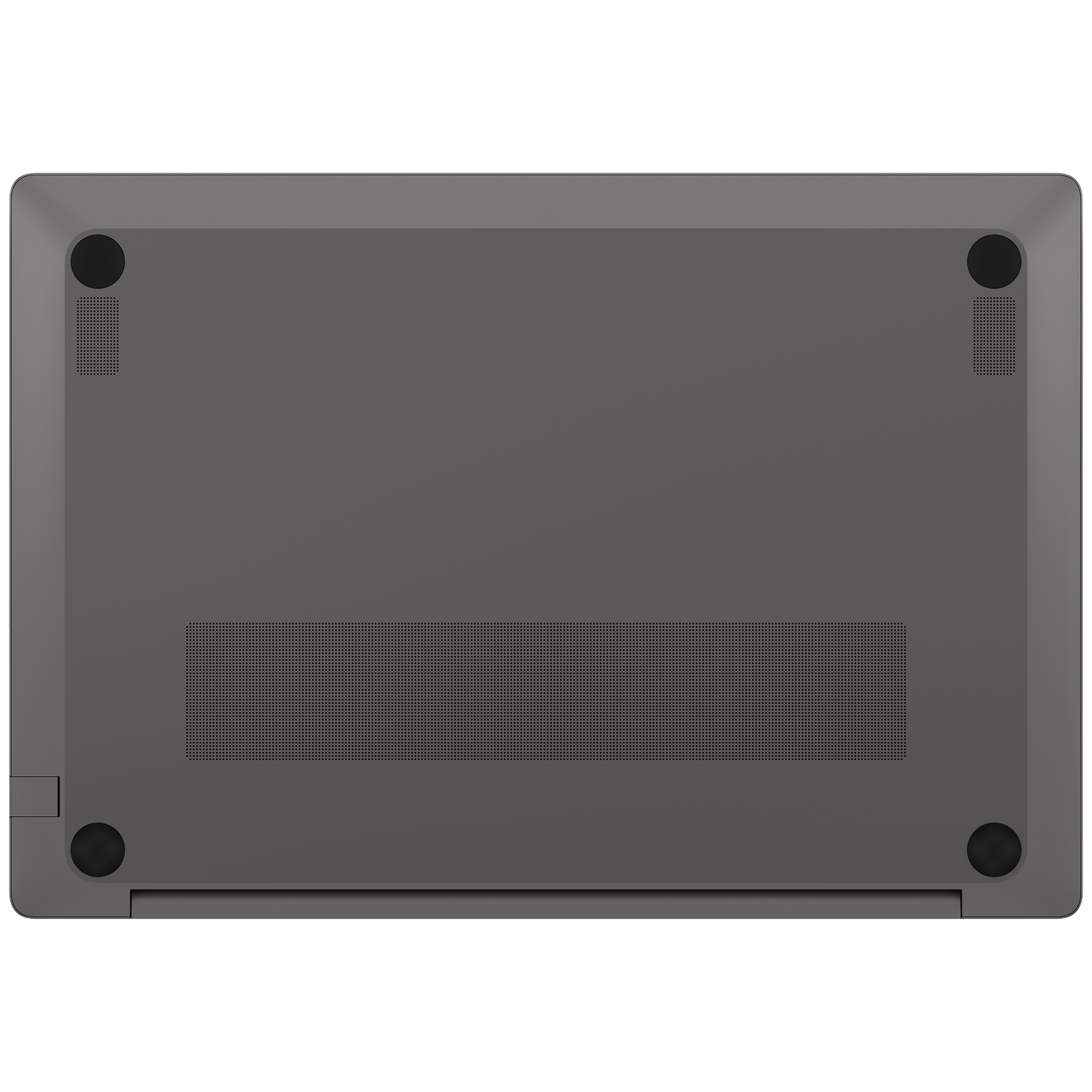 Underside of a gray laptop showing vents and rubber feet.