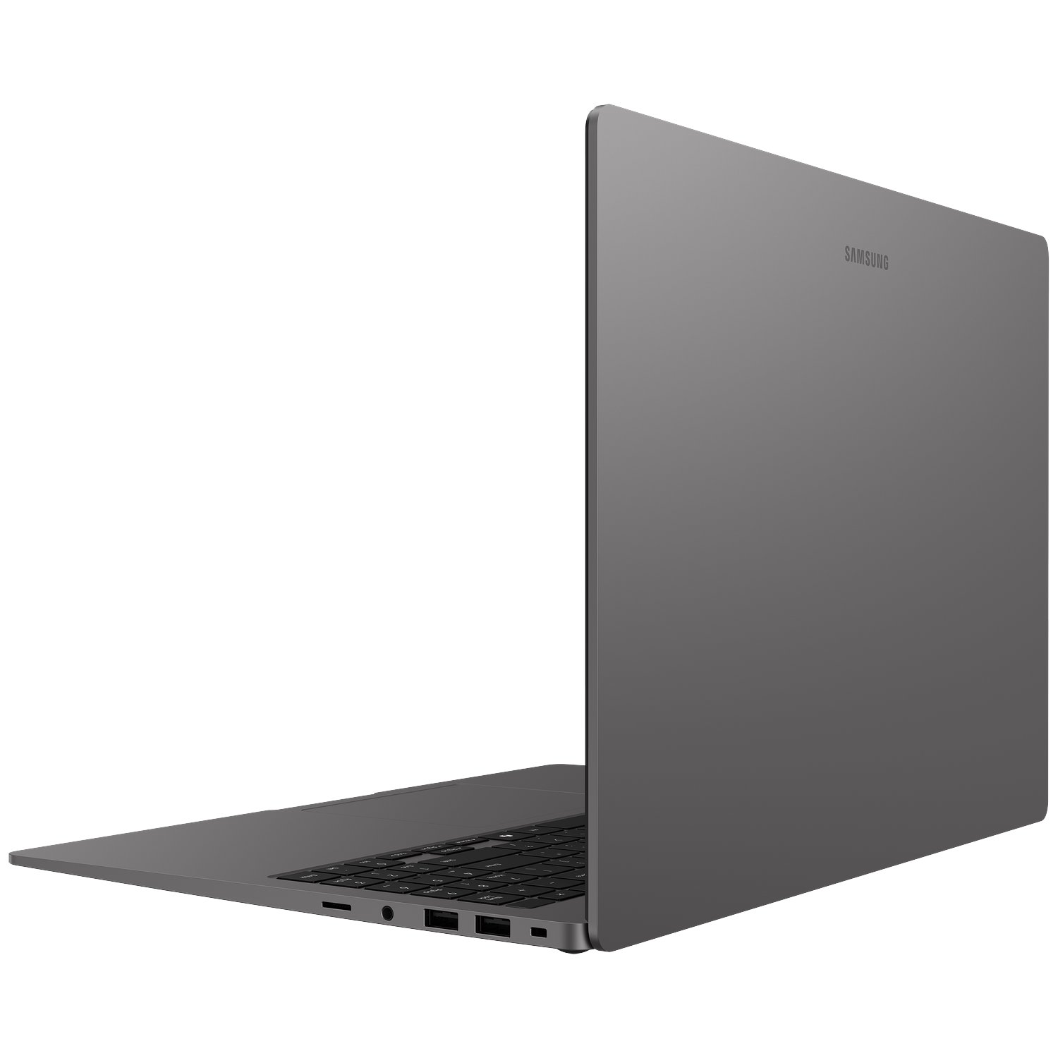 A gray Samsung laptop is shown from a side angle with its keyboard visible.