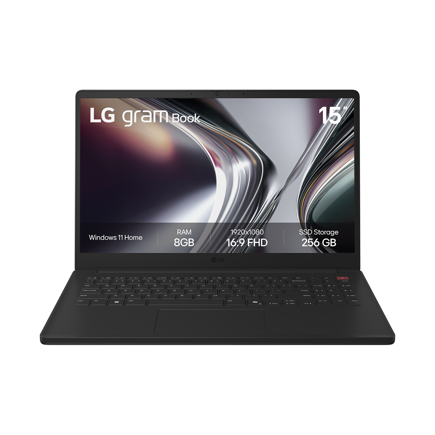 Un laptop LG Gram Book nero con schermo da 15 pollici, Windows 11, 8GB RAM, 256GB SSD.