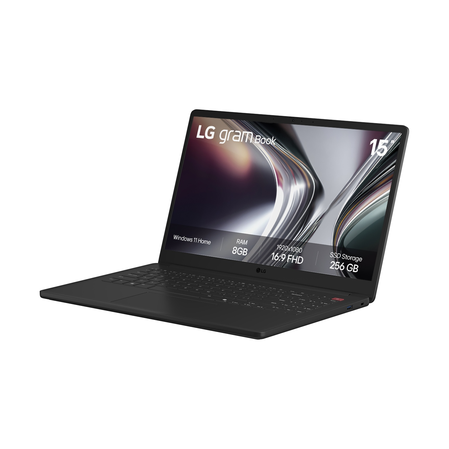Un laptop LG Gram nero con display da 15 pollici, 8 GB di RAM e 256 GB SSD.