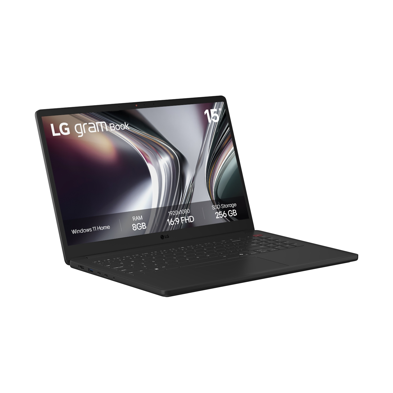 Laptop LG Gram Book nero con display da 15 pollici, 8 GB di RAM e SSD da 256 GB.