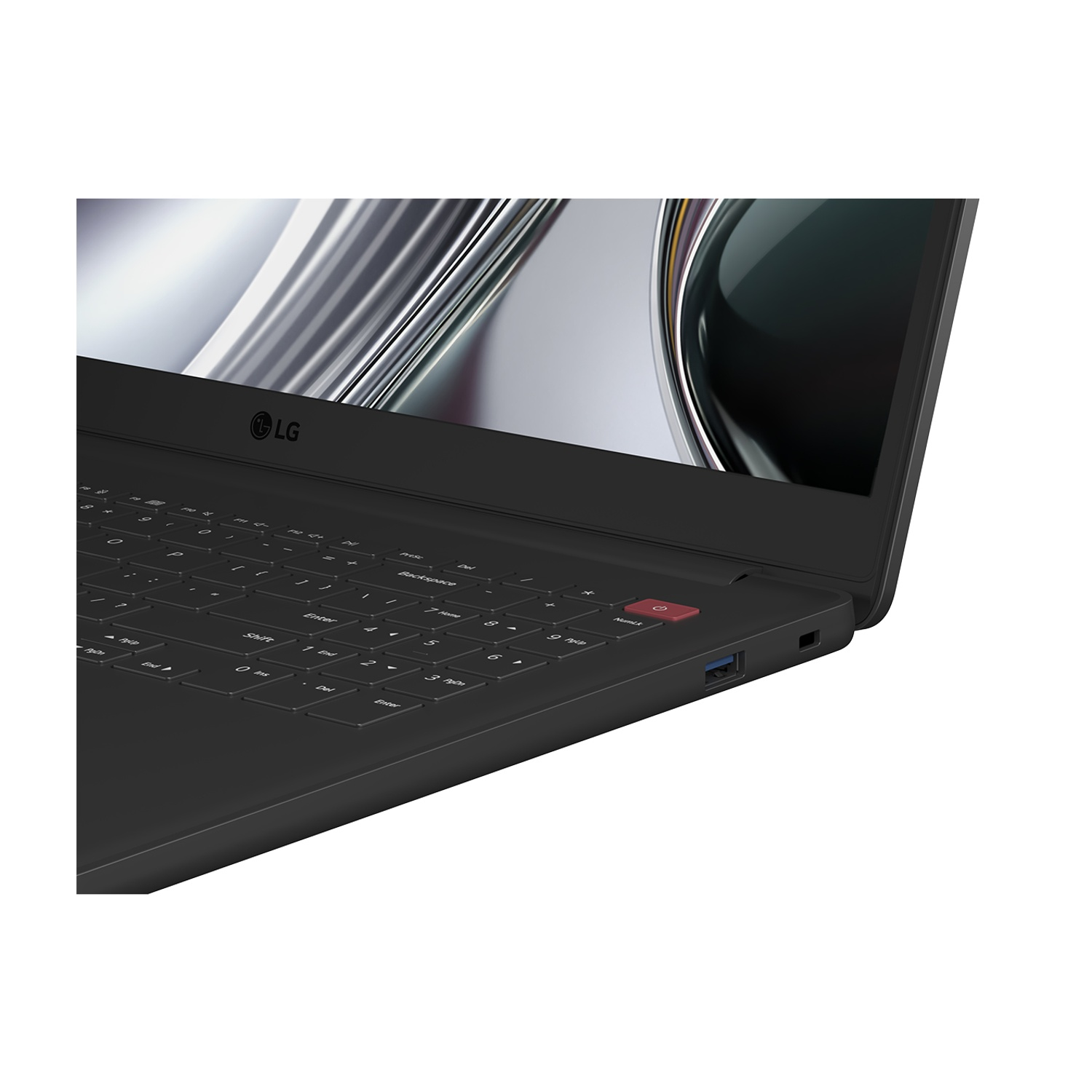 Laptop nero con logo LG, tastiera e porta USB.