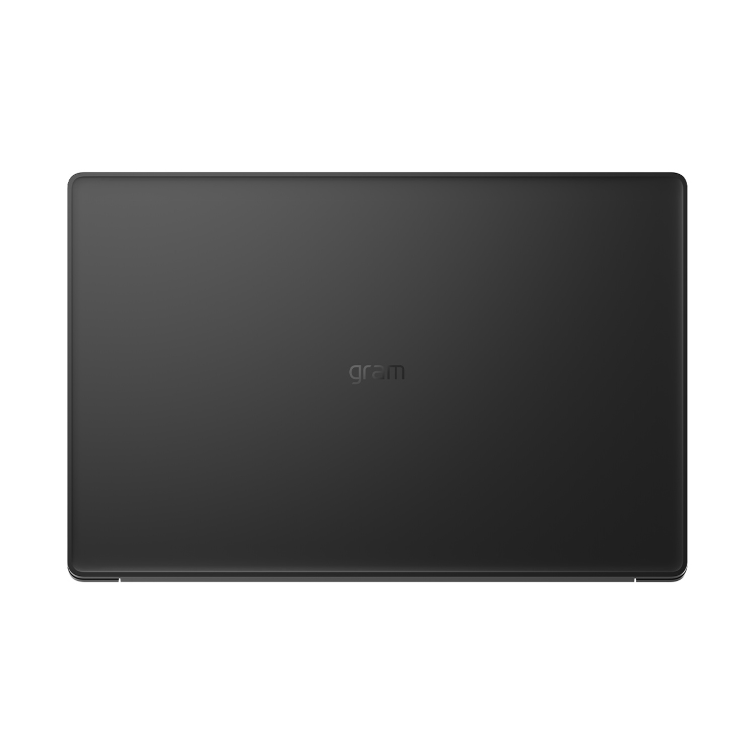 Un laptop LG Gram nero chiuso visto dall'alto.