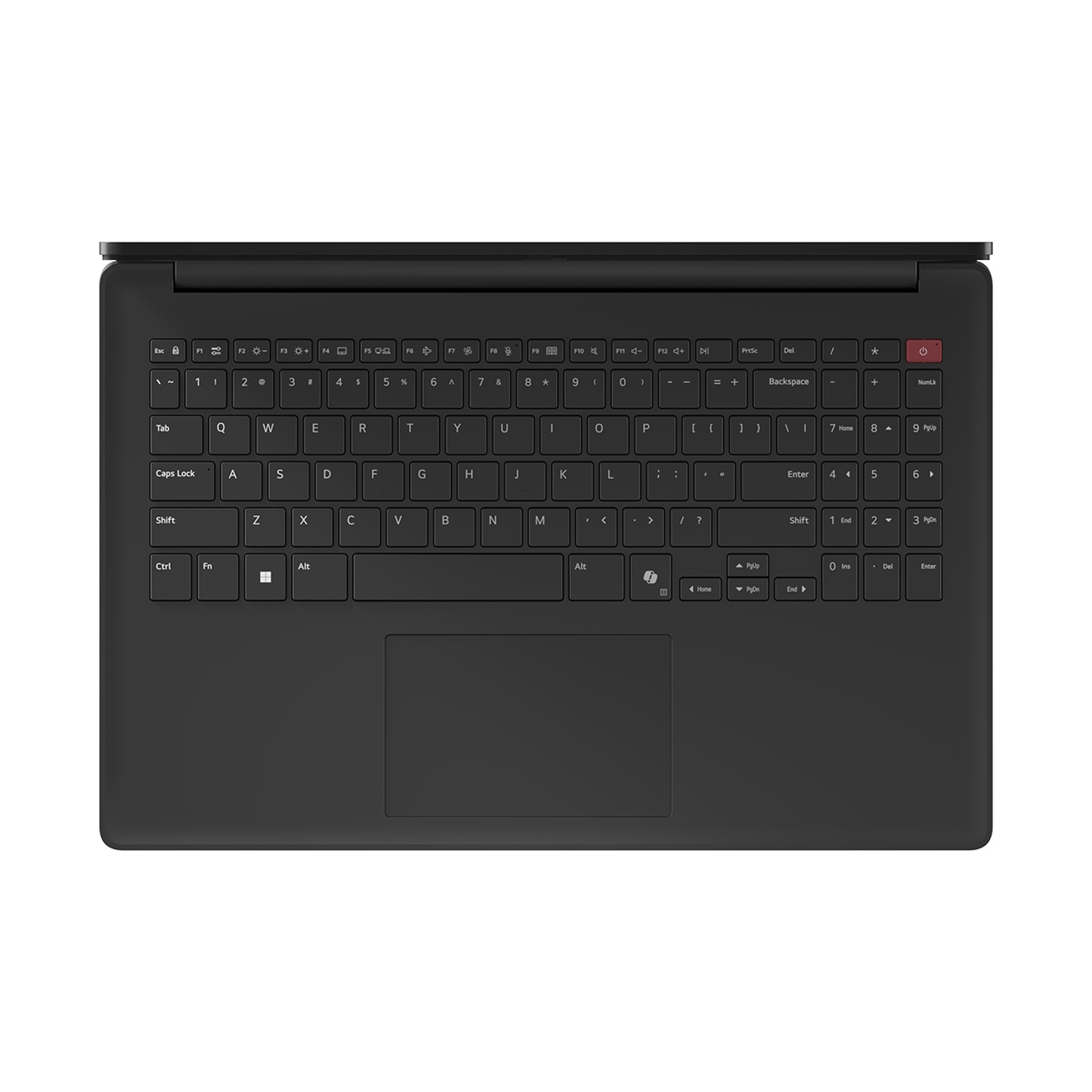 Vista dall'alto di una tastiera per laptop nera con touchpad e pulsante di accensione.