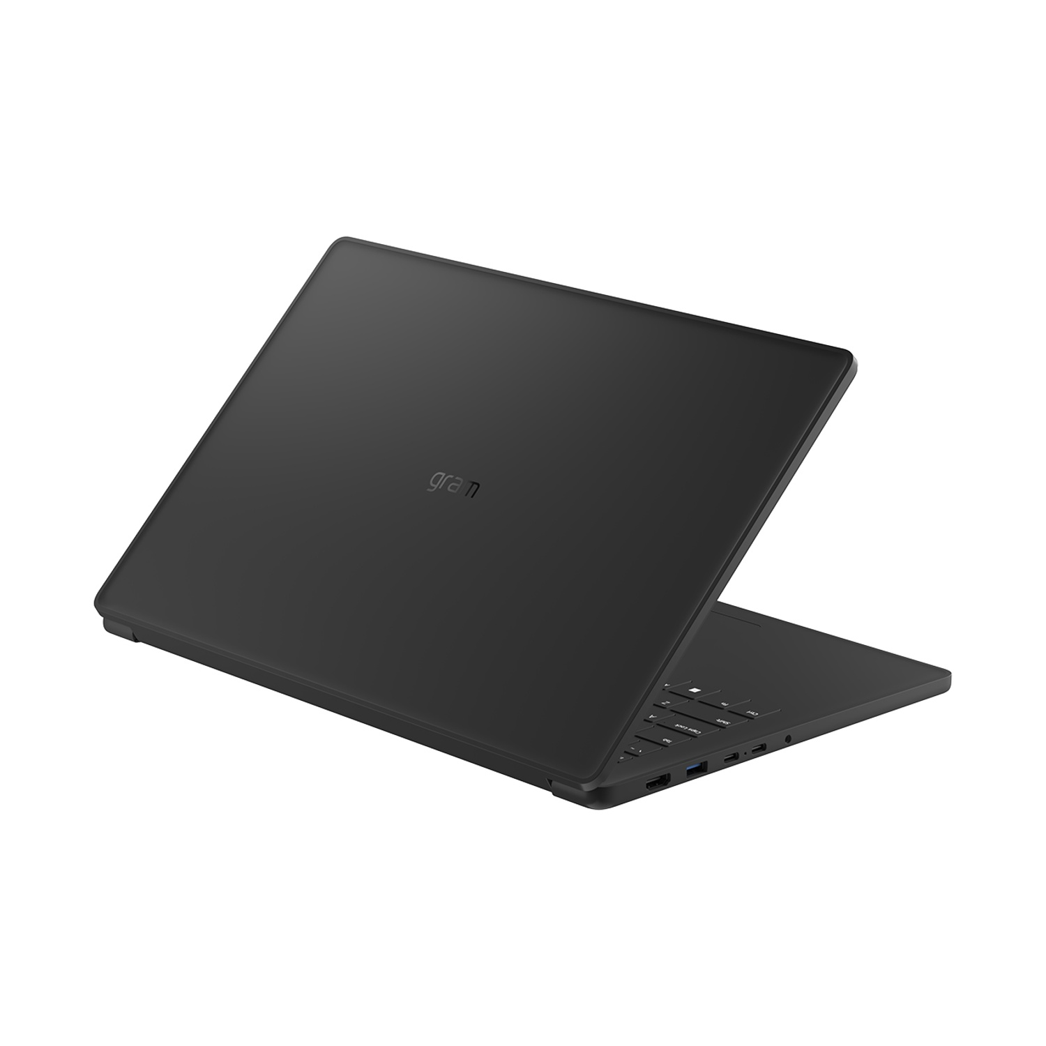 Laptop LG Gram nero con coperchio aperto, logo sul retro, tastiera bianca.