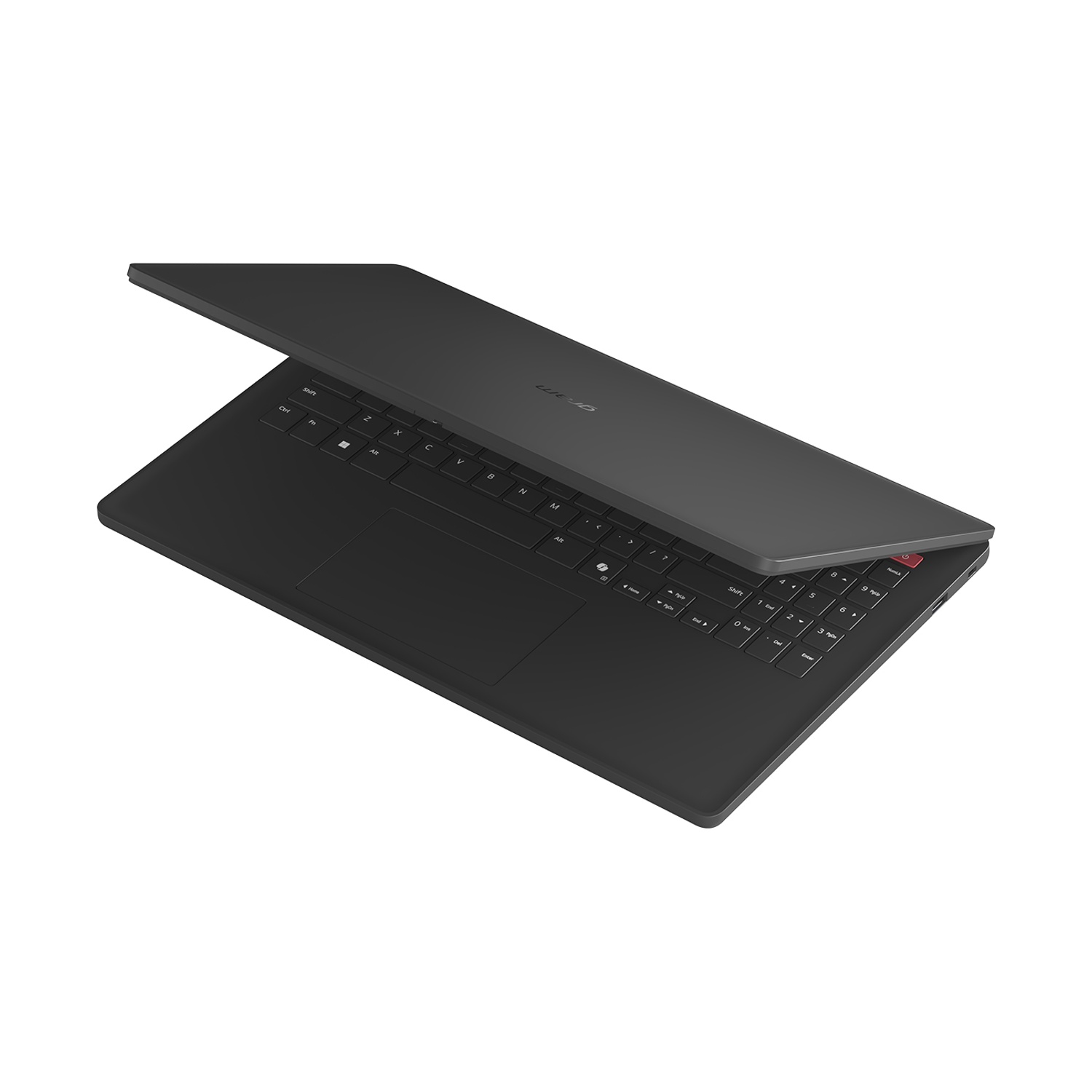 Un laptop scuro con lo schermo aperto, su sfondo bianco.