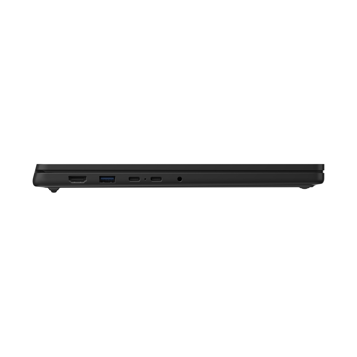 Vista laterale di un laptop nero che mostra le porte: HDMI, USB-A, USB-C, jack audio.