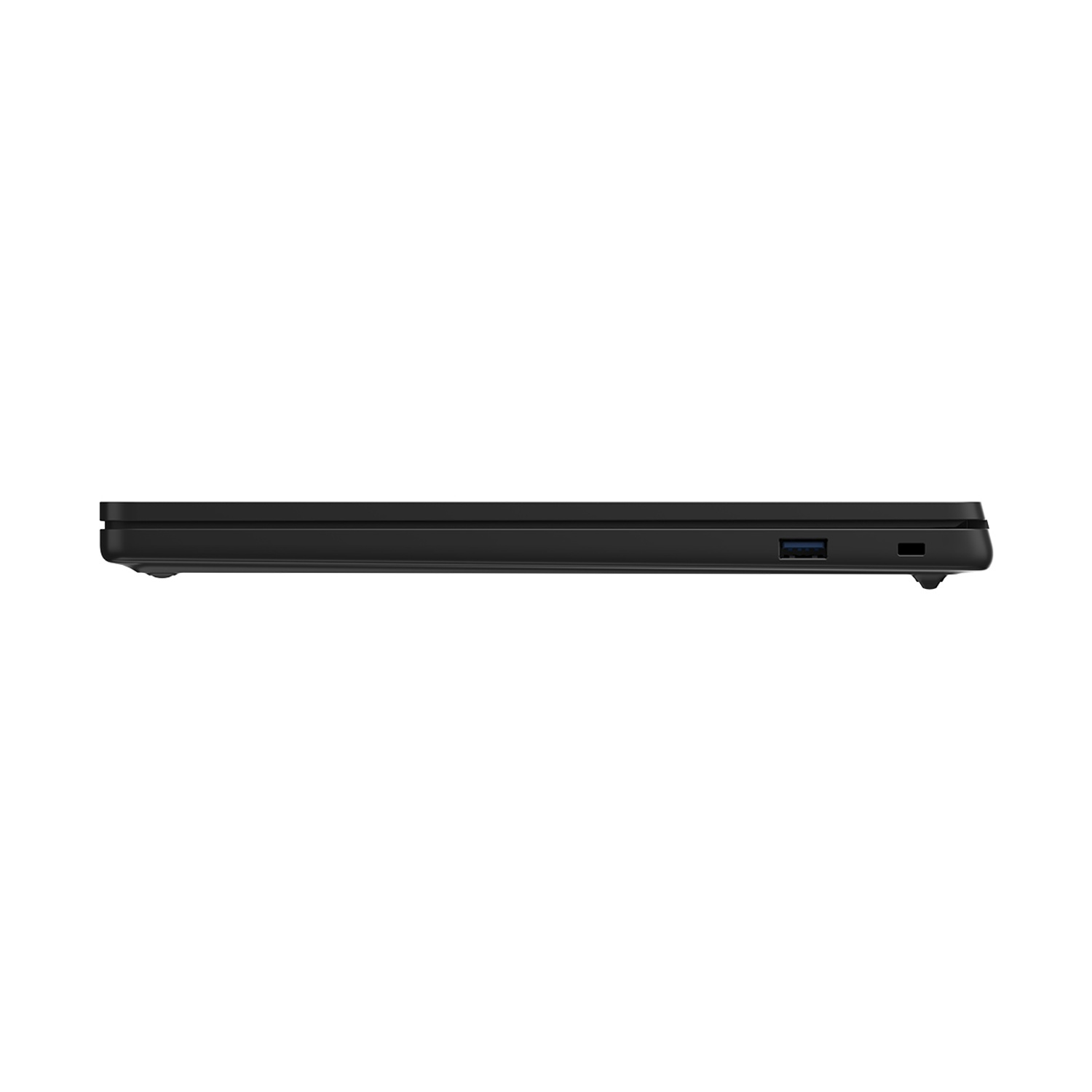 Laptop nero di profilo con porta USB sul lato destro.