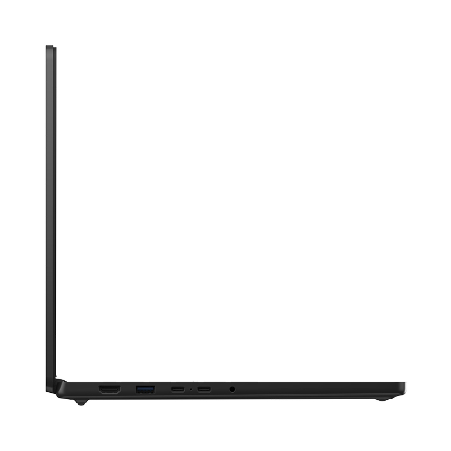 Laptop nero visto di lato, che mostra porte come HDMI e USB-A.
