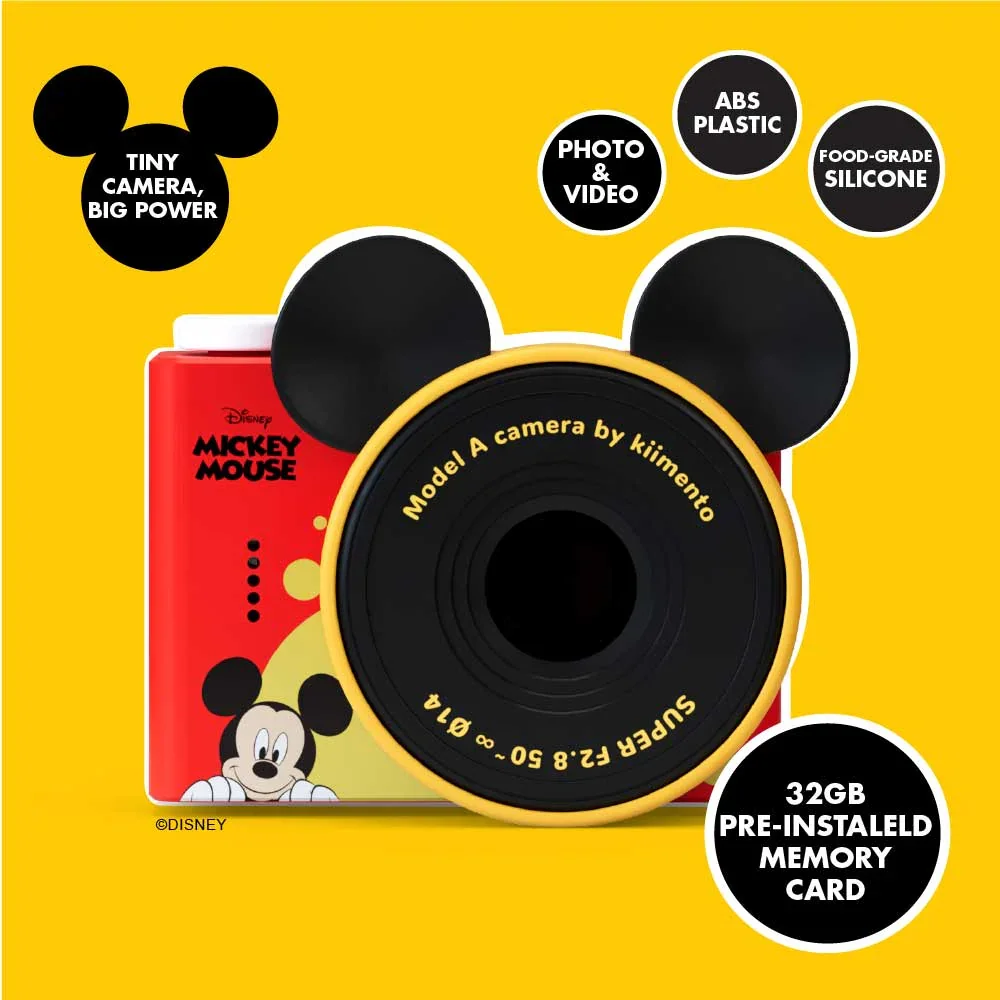 Mickey egér kamera modell fülekkel, piros házzal, szöveges feliratokkal.