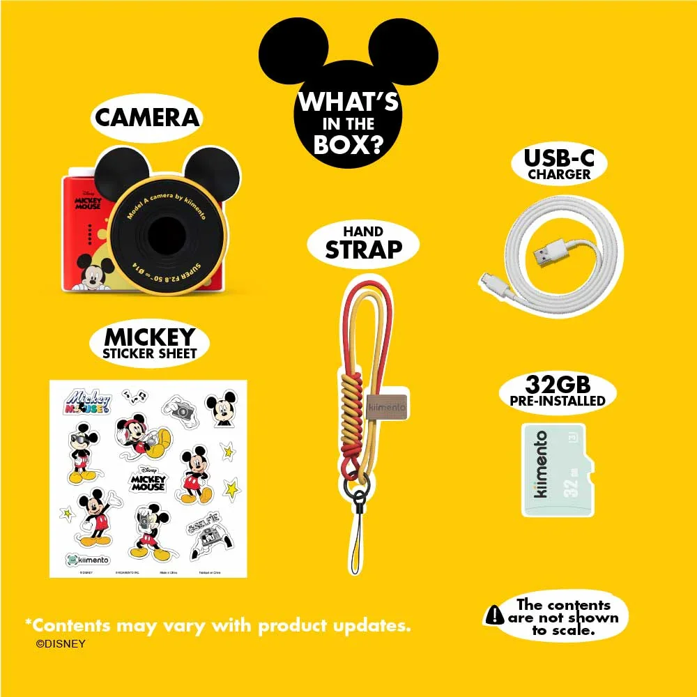 Mickey egér kamera szett: kamera, töltő, csuklópánt, matricák és 32GB-os memóriakártya.