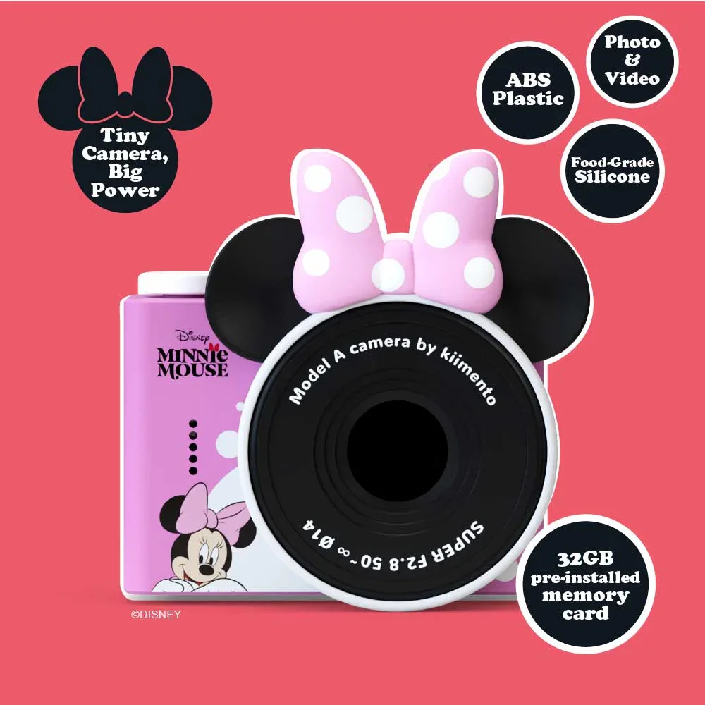 Rózsaszín Minnie egér kamera pöttyös masnival. ABS műanyag, élelmiszer-biztonságos szilikon, 32GB kártya.