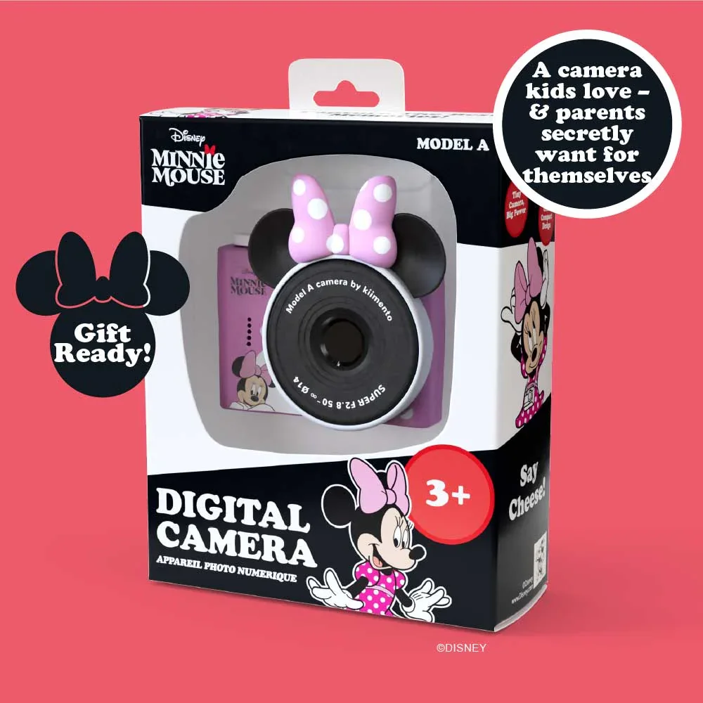 Minnie egér digitális fényképezőgép csomagolása, rajta a fényképezőgép, masni és 'Gift Ready!' felirat.