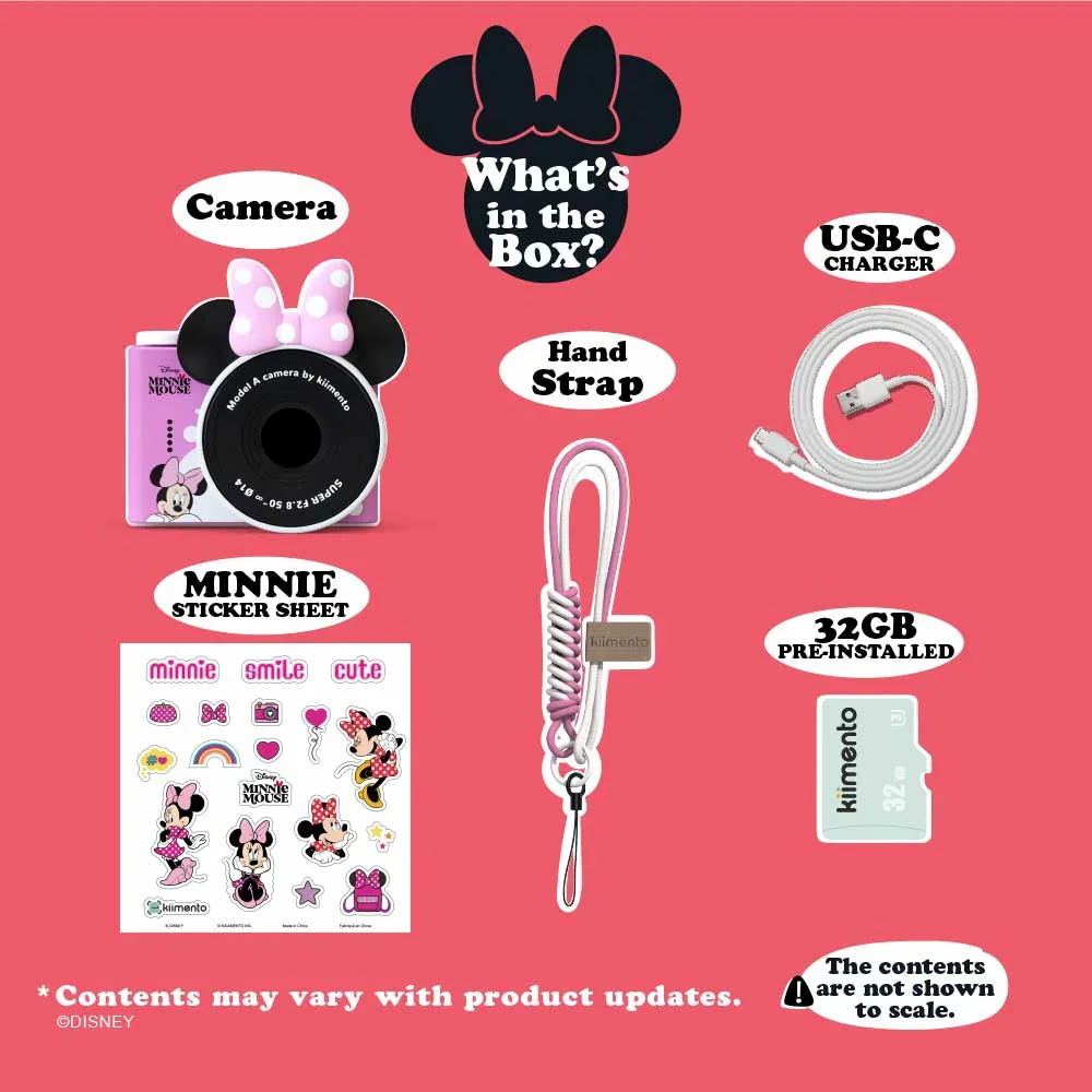 Minnie egér kamera szett: Kamera, matricák, csuklópánt, USB-C kábel, 32GB kártya.