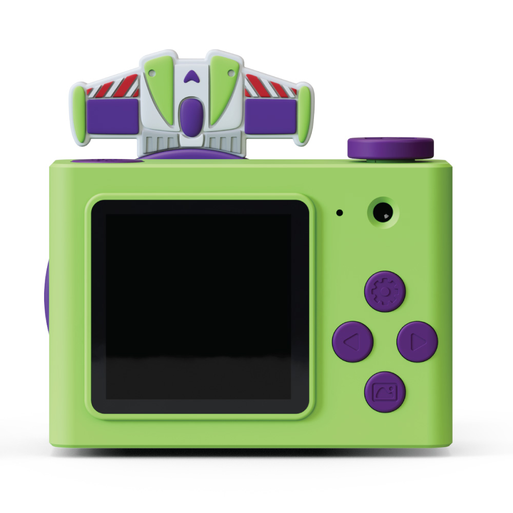 Zöld kamera, felül Buzz Lightyear szárnyakkal és lila gombokkal.
