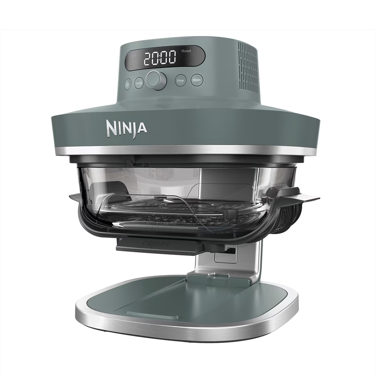 Horno freidora de aire Ninja gris con pantalla digital y olla de cristal.
