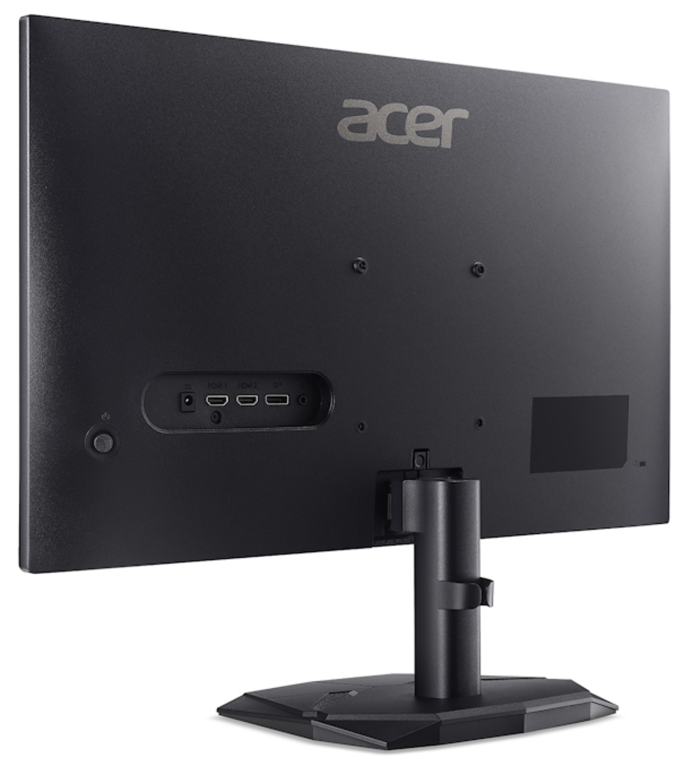 Parte trasera de un monitor Acer negro con puertos y soporte. Logotipo Acer visible.