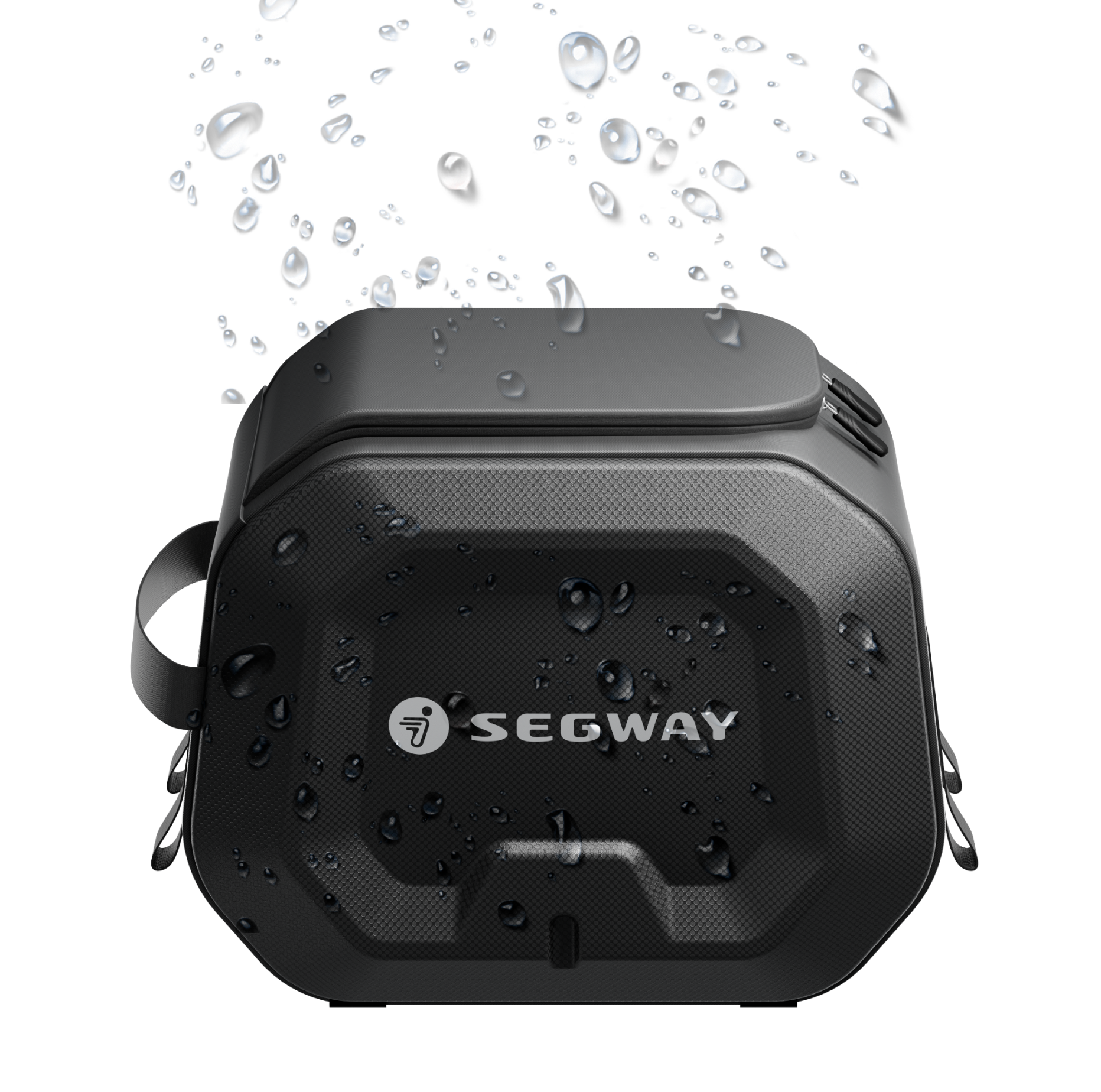 Egy fekete Segway táska vízcseppekkel, amelyek ráesnek.