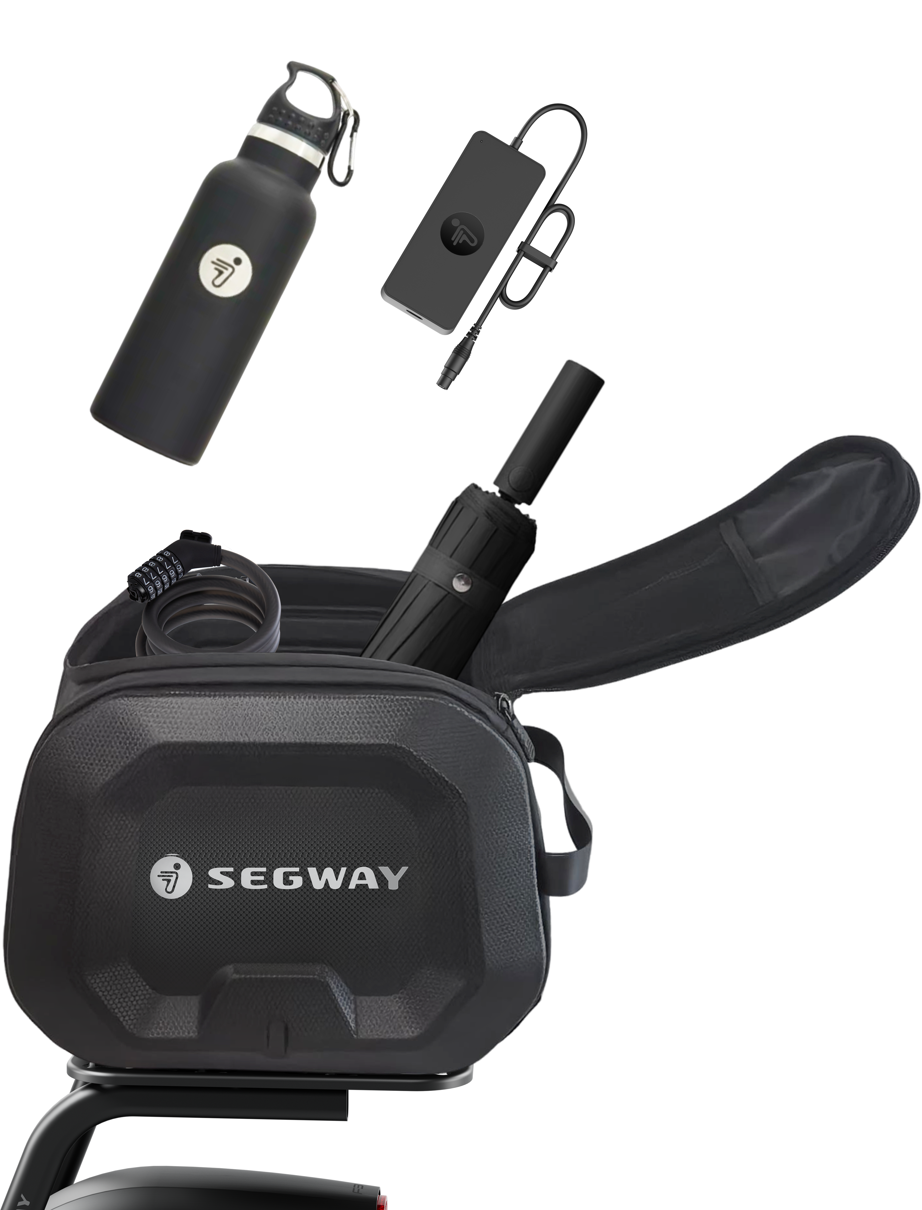 Fekete Segway táska kulaccsal, zárral, esernyővel és töltővel.