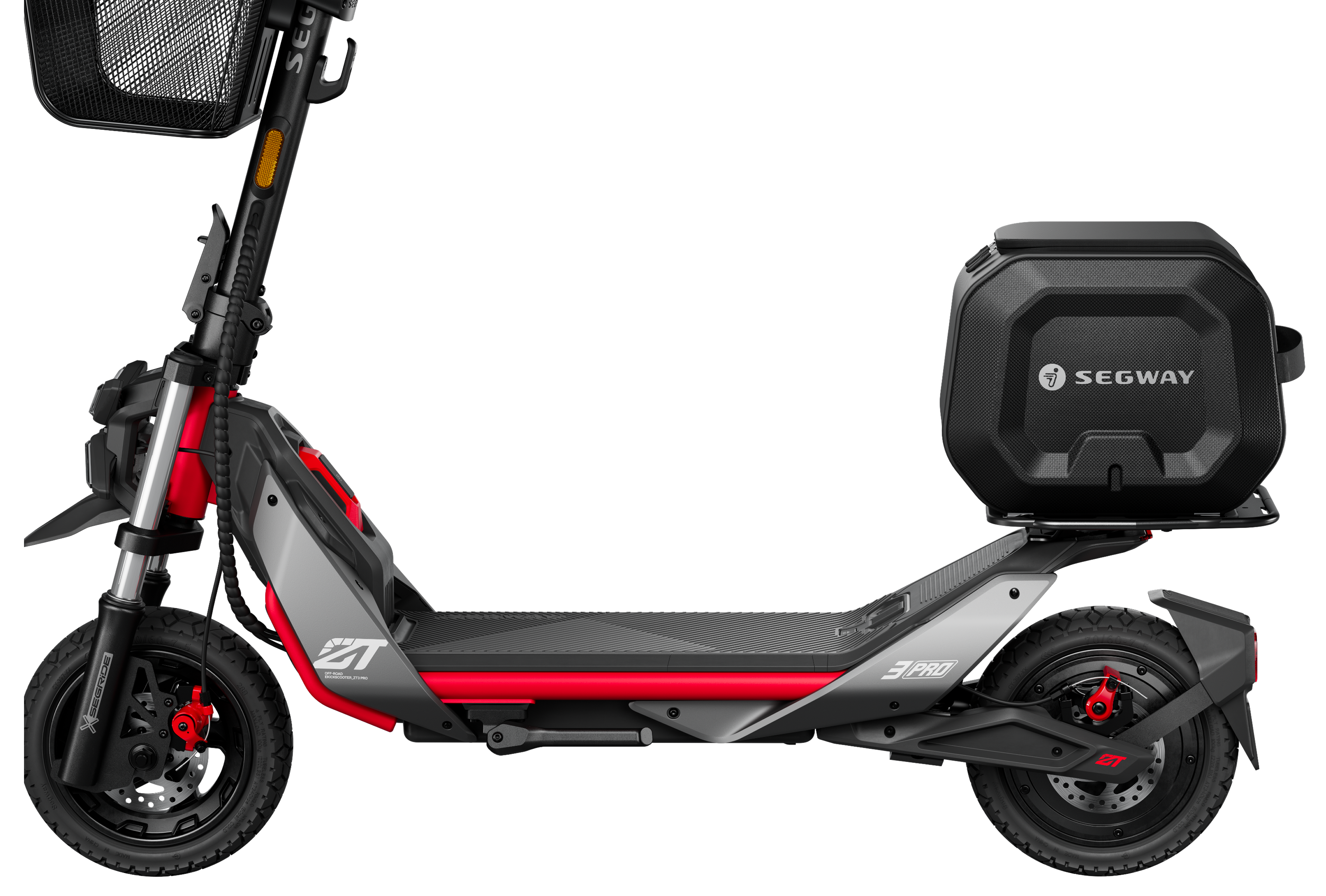 Fekete és piros Segway elektromos roller tárolódobozzal és kosárral, fekete háttérrel.