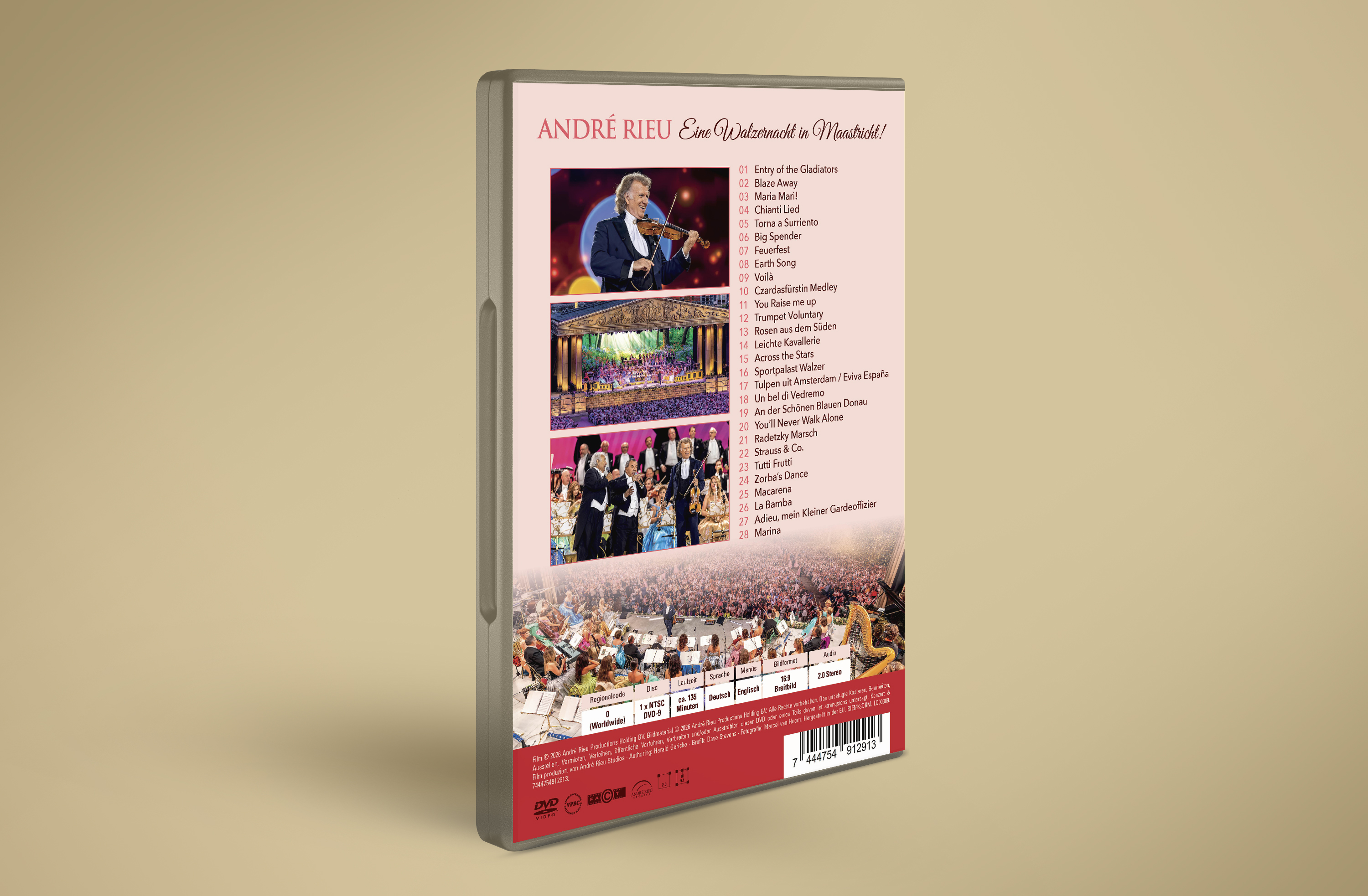 DVD-Rückseite mit André Rieu, Orchester und Liedliste für 'Eine Walzernacht'.
