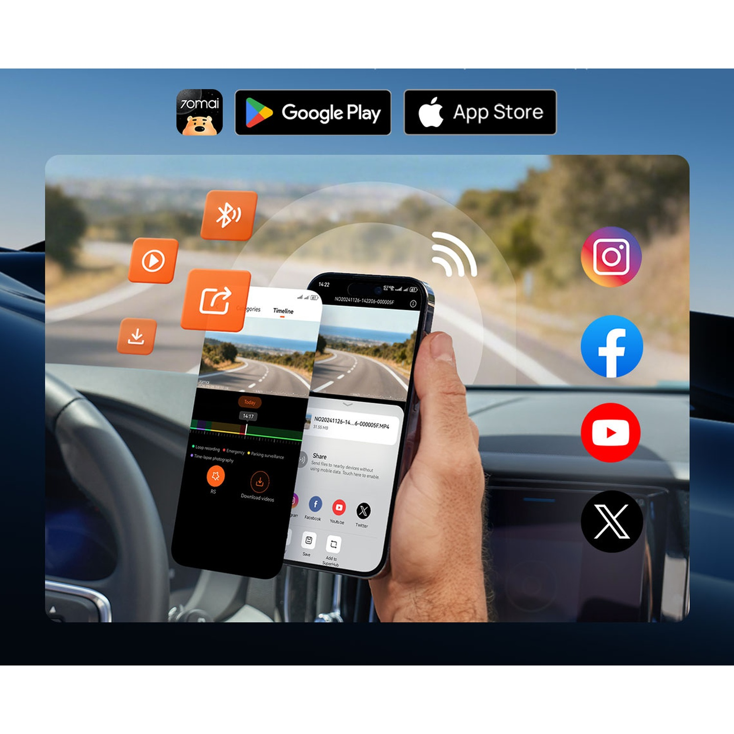 Un uomo tiene uno smartphone che mostra icone di app e un'app dashcam. Loghi Google Play e App Store.