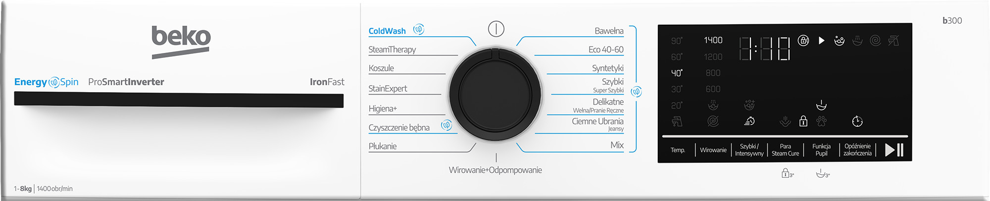 Panel sterowania pralki Beko z wyborem programu, temperaturą, prędkością wirowania i cyfrowym wyświetlaczem.