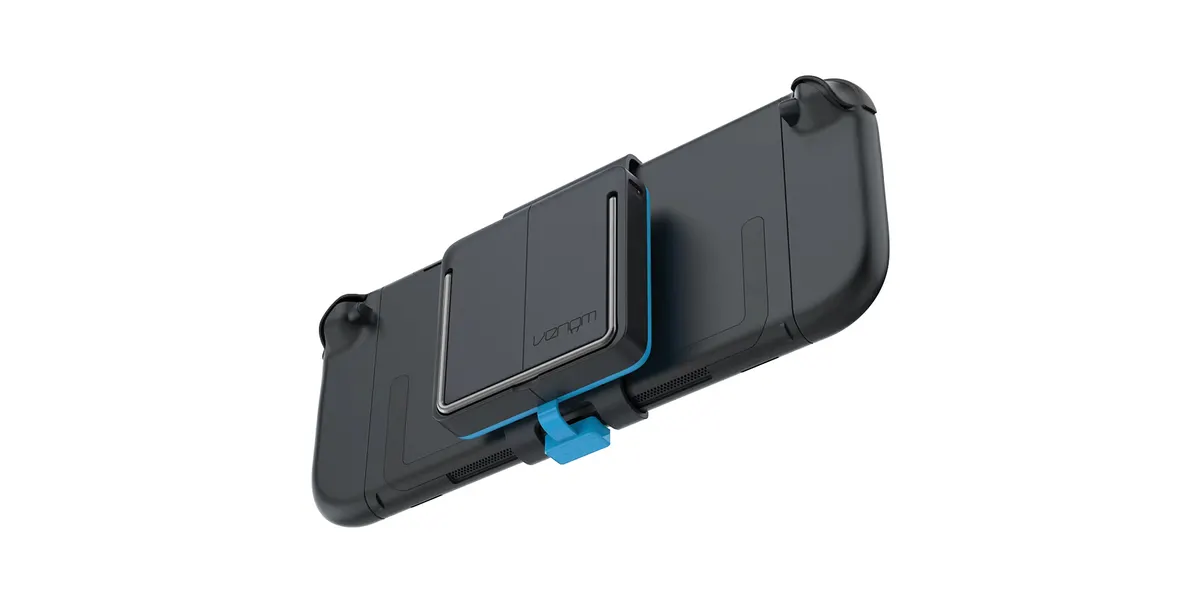 Ein schwarzes Handheld-Gerät mit einem grauen Zubehörteil mit blauem Akzent.