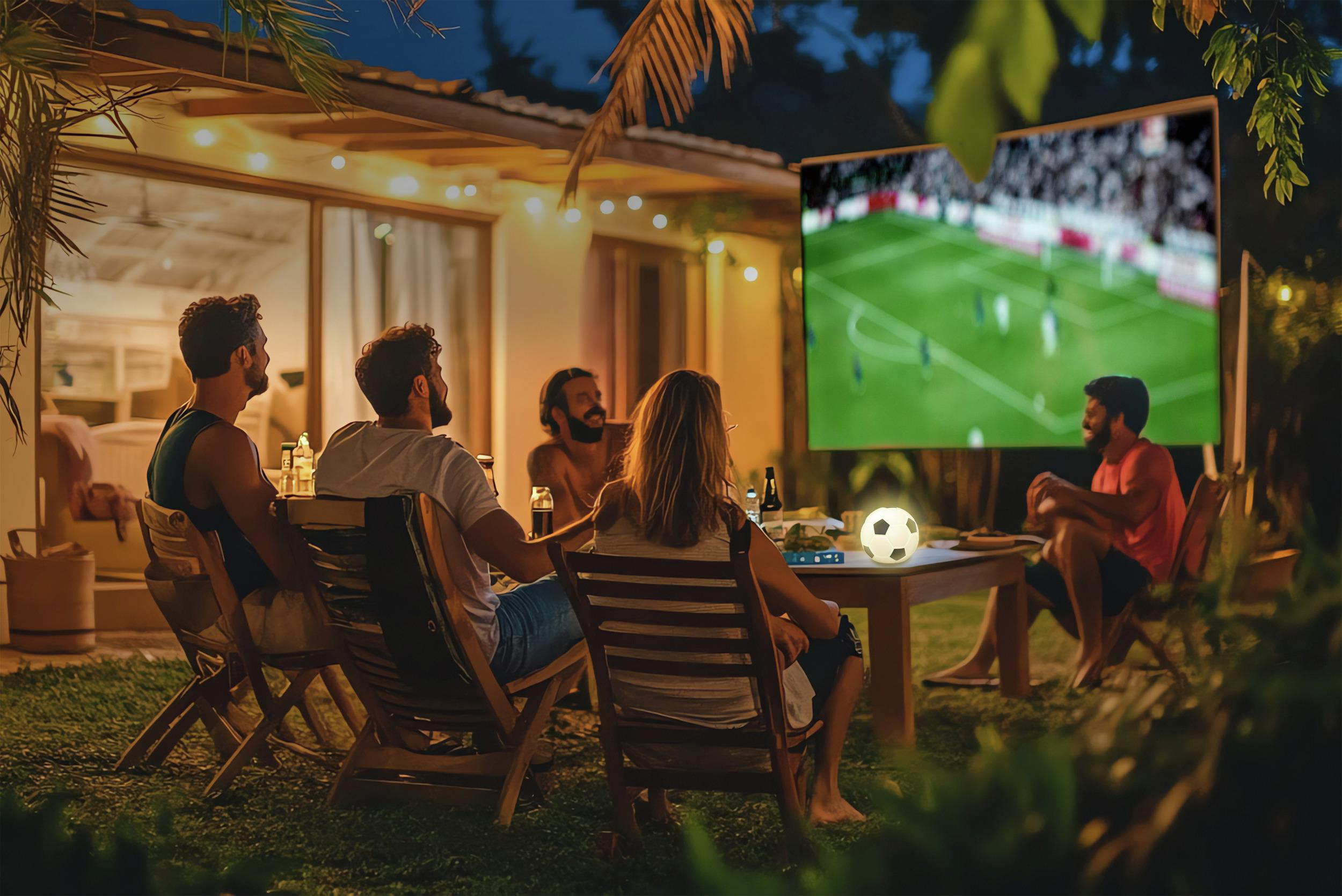 Freunde schauen nachts draußen Fußball auf einer Großbildleinwand. Ein Tisch mit einer Fußballlampe steht in der Nähe.