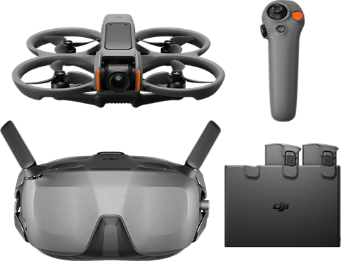 Grauer Quadrocopter mit Controller, Brille und Ladegerät.