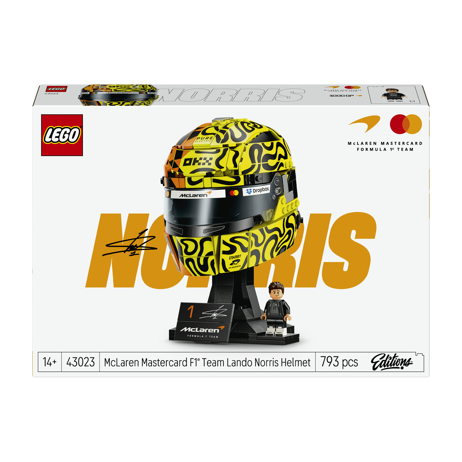 Set casco LEGO Lando Norris McLaren F1 Team, giallo e nero.