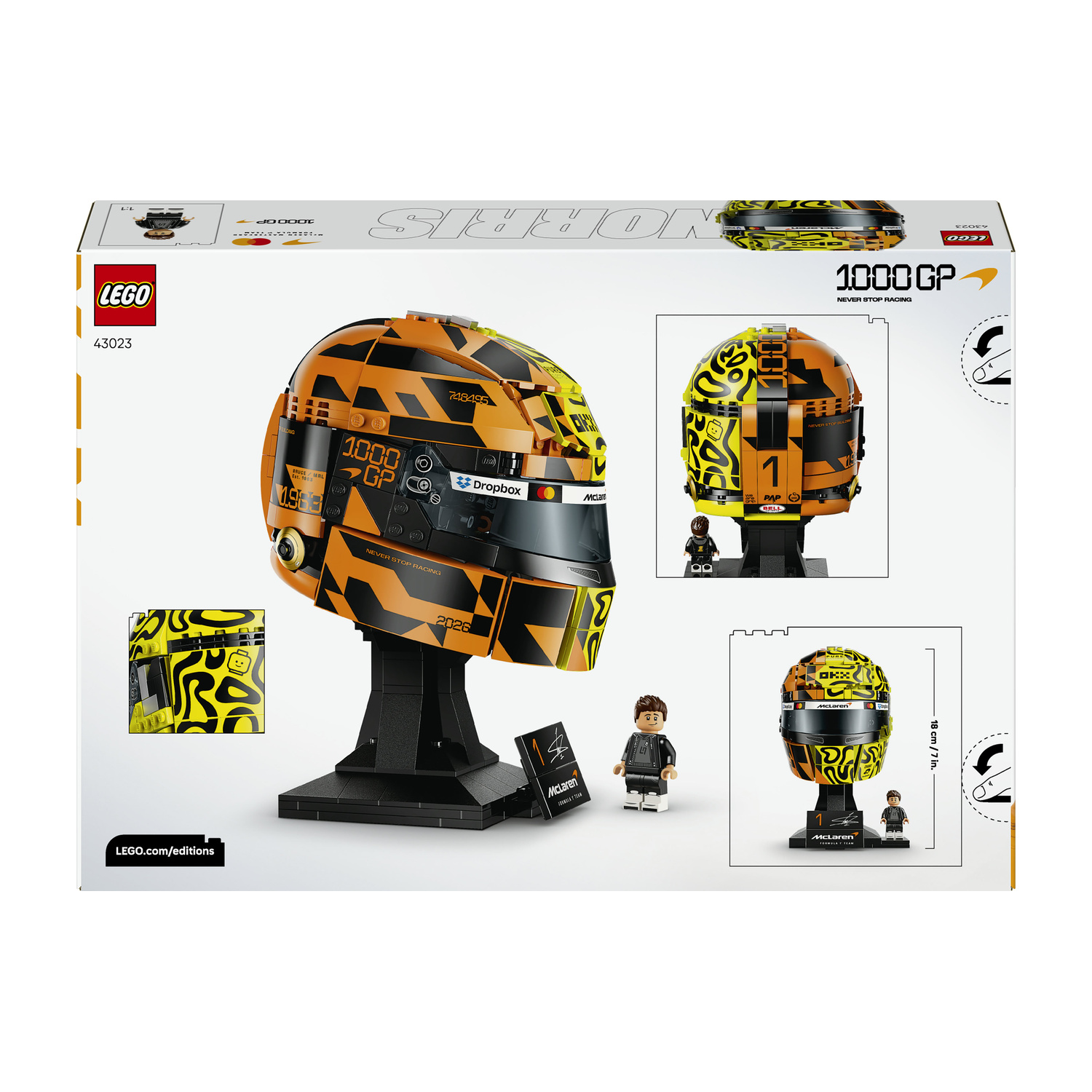 Set casco da corsa LEGO McLaren con minifiguretta e supporto espositivo. Arancione e nero.