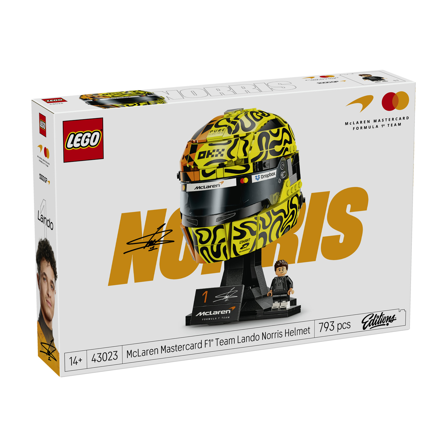 Scatola Lego del casco McLaren F1 Lando Norris. Include casco, minifigure e arte della scatola.