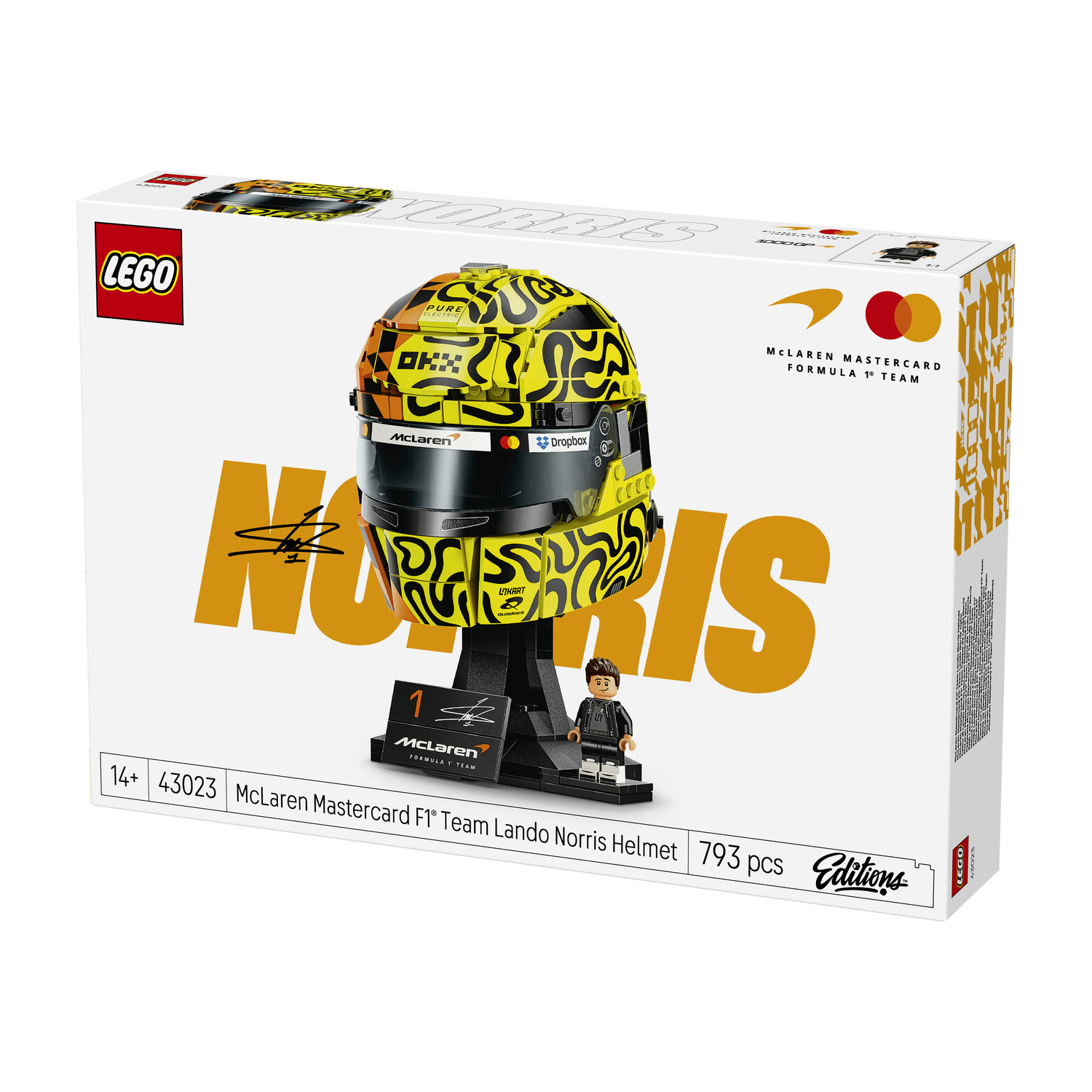 Scatola LEGO con casco F1 Lando Norris, minifigure e dettagli prodotto.