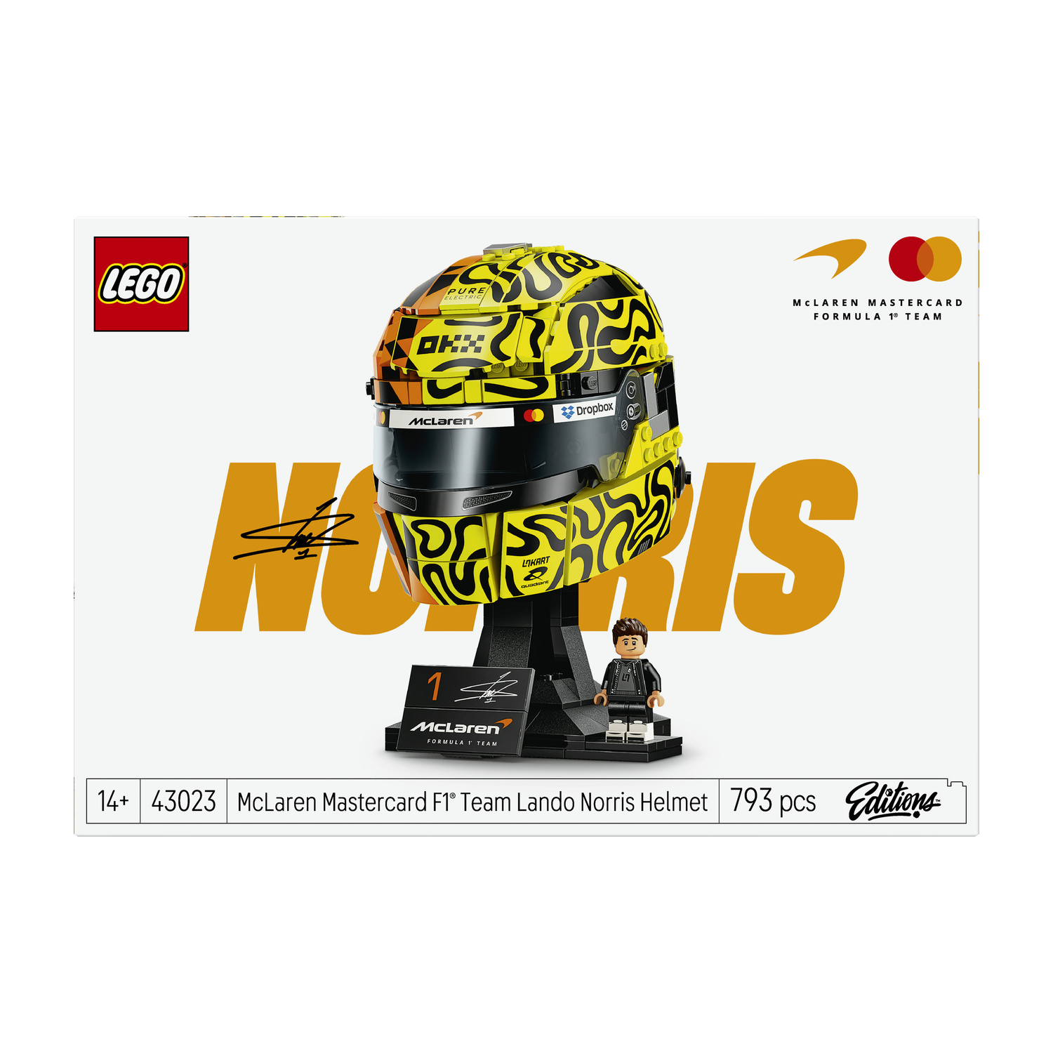 Set LEGO con casco McLaren e minifigure di Lando Norris dal design accattivante.
