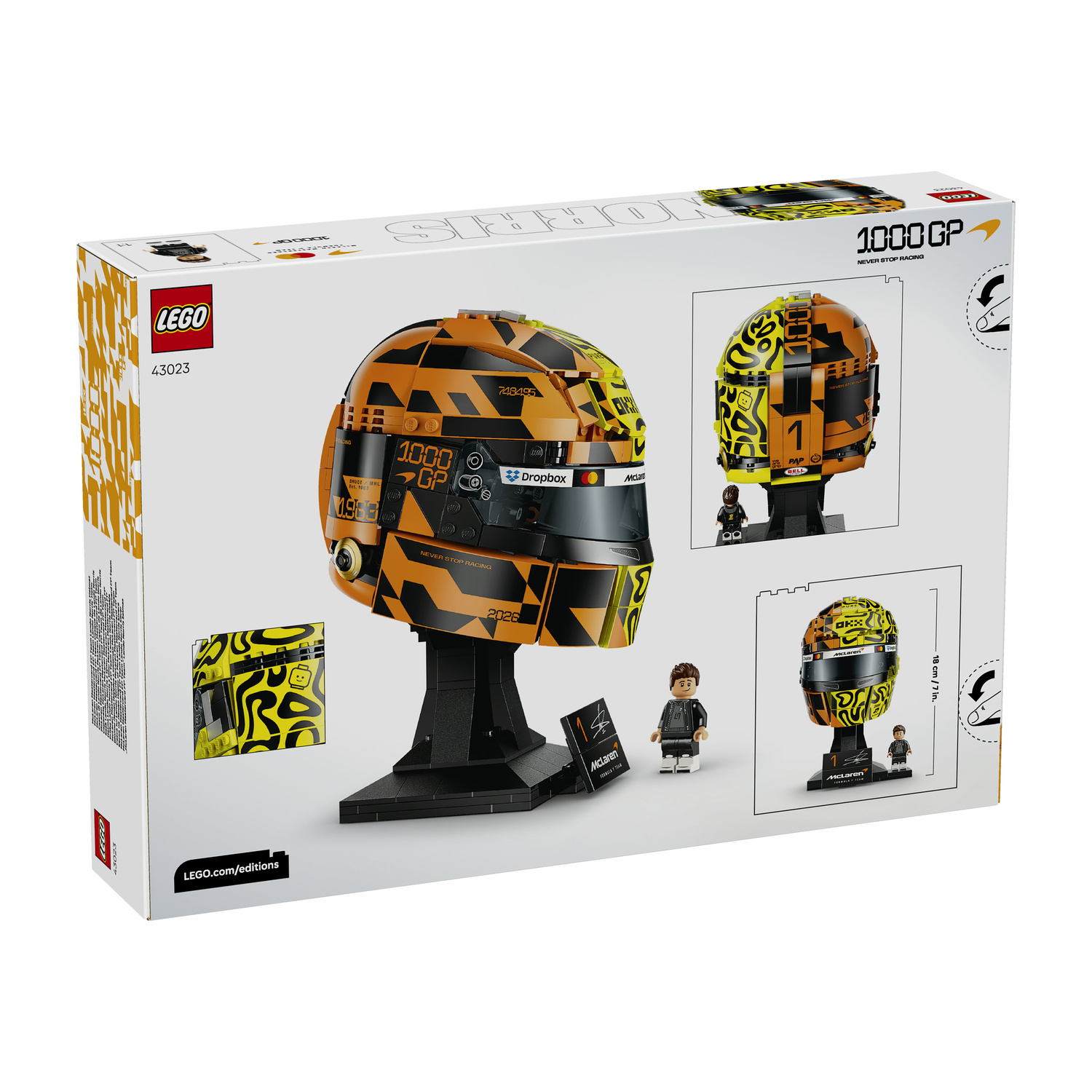 Confezione LEGO mostra casco da corsa e minifigure con design arancione e nero.