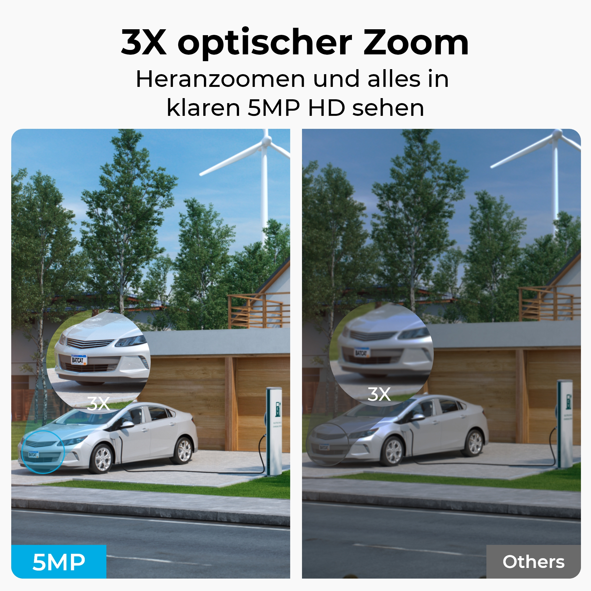 Zwei Bilder zeigen ein Auto vor einem Haus. Links 5MP, rechts 3x Zoom.