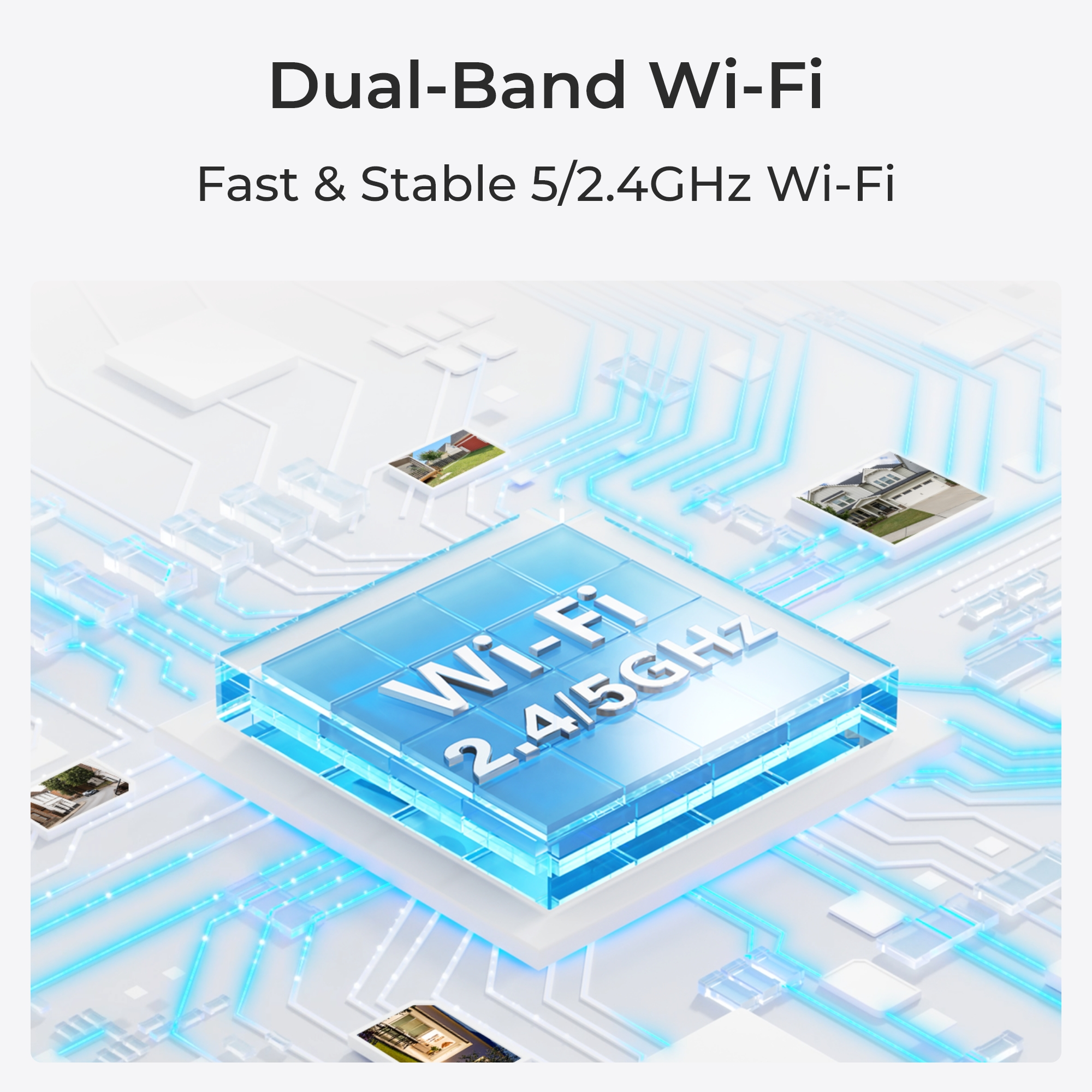 Grafik zeigt ein Wi-Fi-Symbol mit 2,4/5 GHz und Häuserbildern, die mit Leitungen verbunden sind.