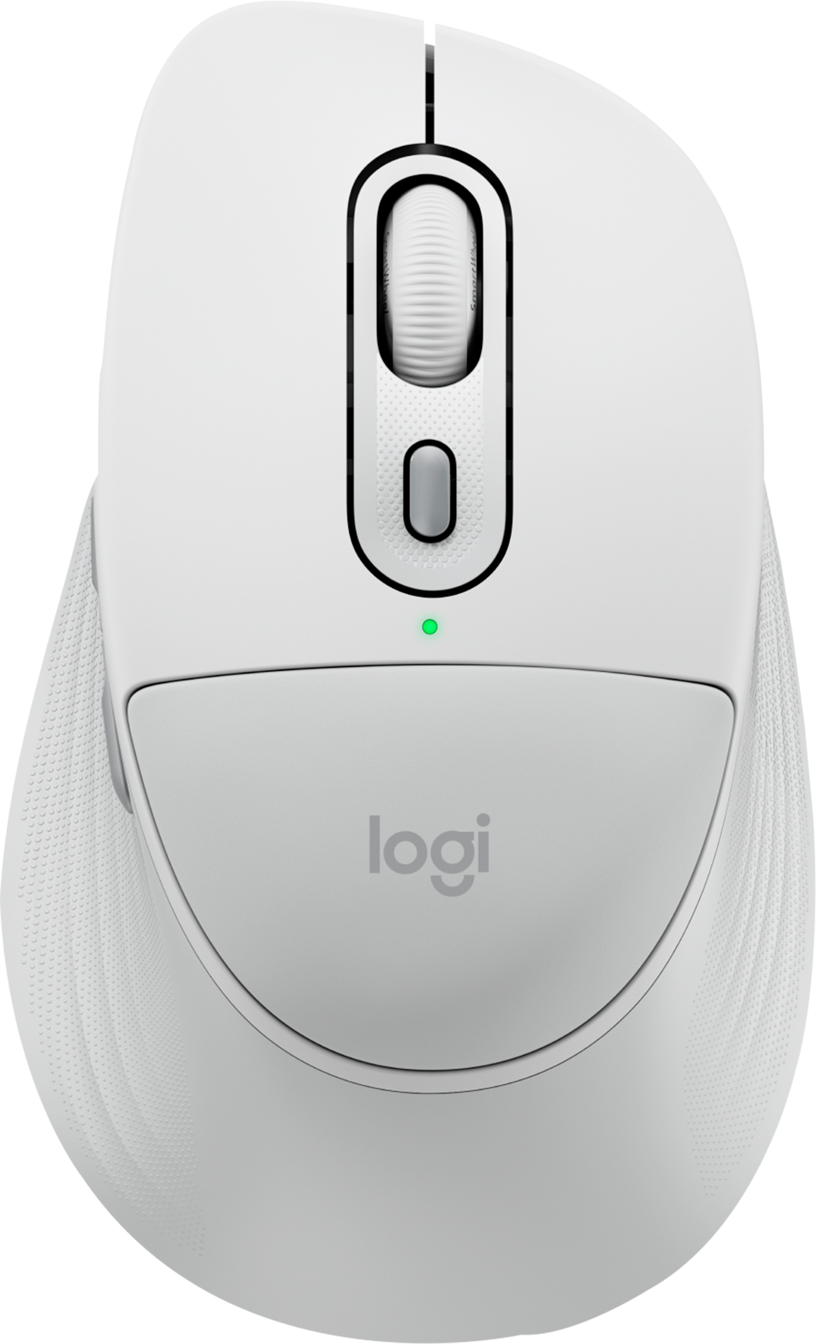 Eine weiße Logitech-Maus mit einem Scrollrad, zwei Tasten und einem grünen Licht.