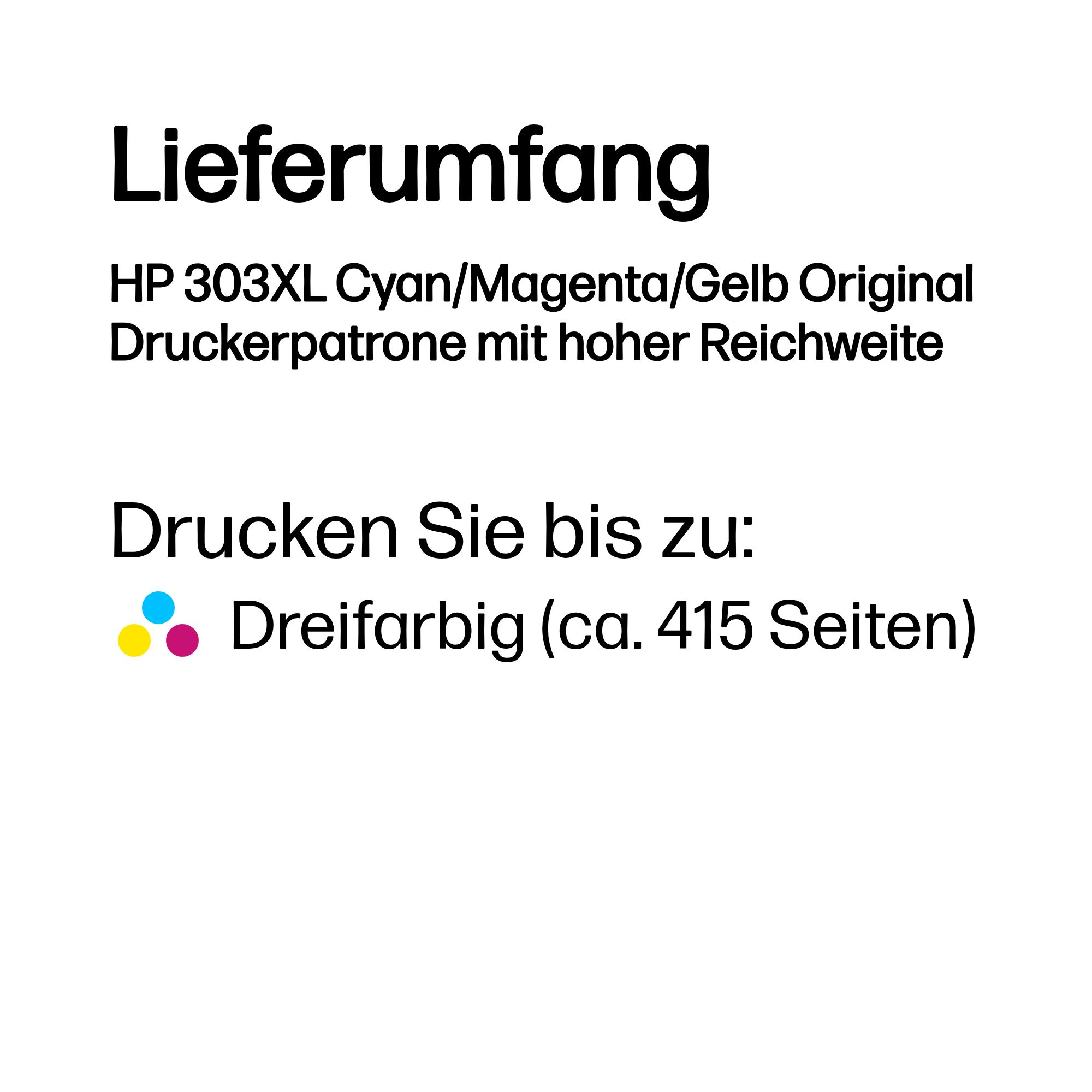 Lieferumfang: HP 303XL Cyan/Magenta/Gelb Druckerpatrone, 415 Seiten.