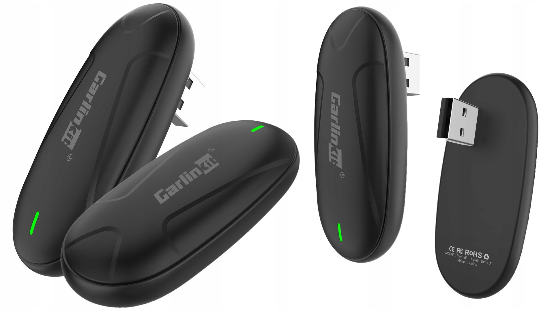 Cztery czarne urządzenia Carlinkit ze złączami USB, niektóre pokazują zielone światło.