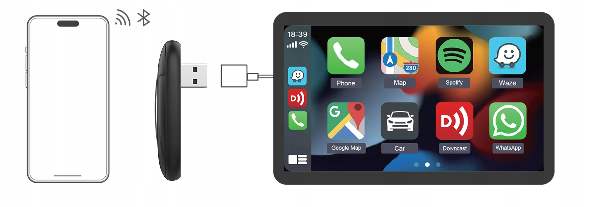 Smartfon, adapter USB i wyświetlacz radia samochodowego z ikonami aplikacji.