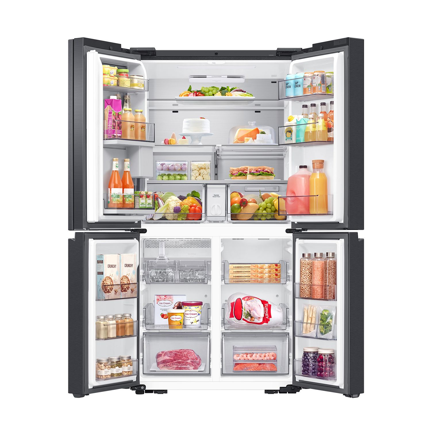 Un refrigerador abierto lleno de alimentos como frutas, verduras, bebidas, helados y carne.